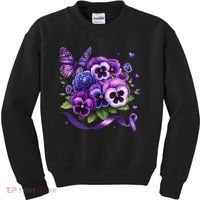 Purple Floral Pansies Butterfly Ribbon Alzheimer's Awareness Kids Sweatshirt thumb 0