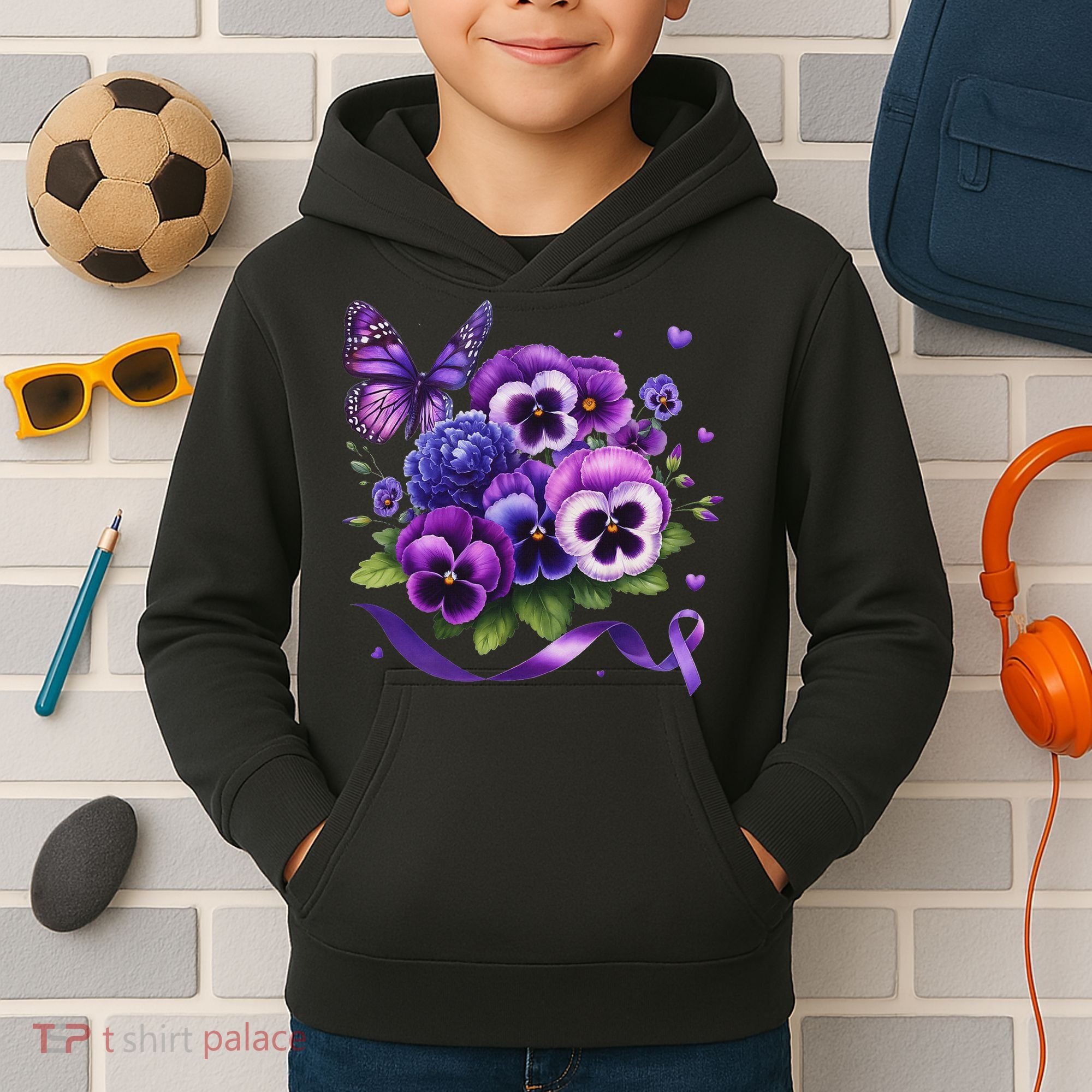 Purple Floral Pansies Butterfly Ribbon Alzheimer's Awareness Kids Hoodie