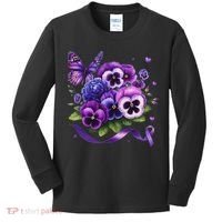 Purple Floral Pansies Butterfly Ribbon Alzheimer's Awareness Kids Long Sleeve Shirt thumb 0
