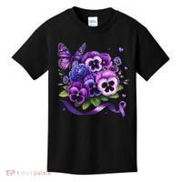 Purple Floral Pansies Butterfly Ribbon Alzheimer's Awareness Kids T-Shirt thumb 0