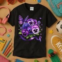 Purple Floral Pansies Butterfly Ribbon Alzheimer's Awareness Kids T-Shirt thumb 3