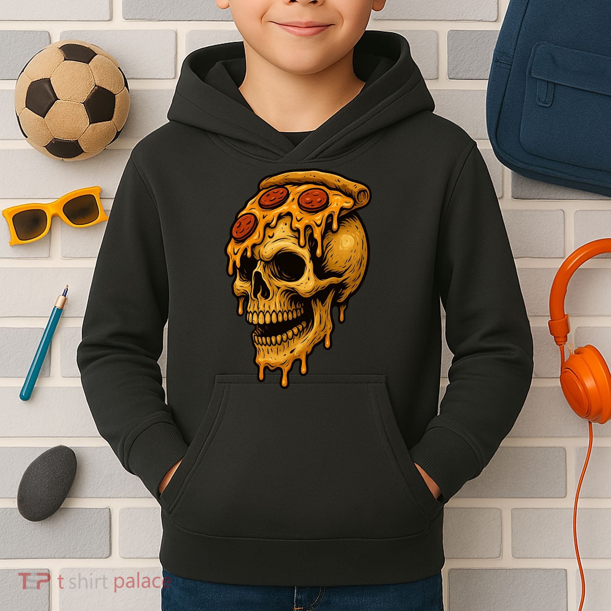 Pizza Food Skull Horror Kids Hoodie