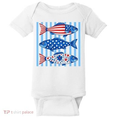 Patriotic Fish Striped USA Theme Design Baby Bodysuit