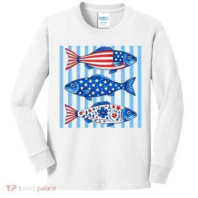 Patriotic Fish Striped USA Theme Design Kids Long Sleeve Shirt