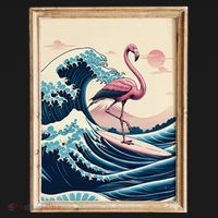 Pink Flamingo Surfer Tropical Great Big Wave Framed Bucket Hat thumb 4