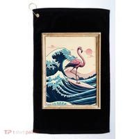 Pink Flamingo Surfer Tropical Great Big Wave Framed Golf Towel thumb 0