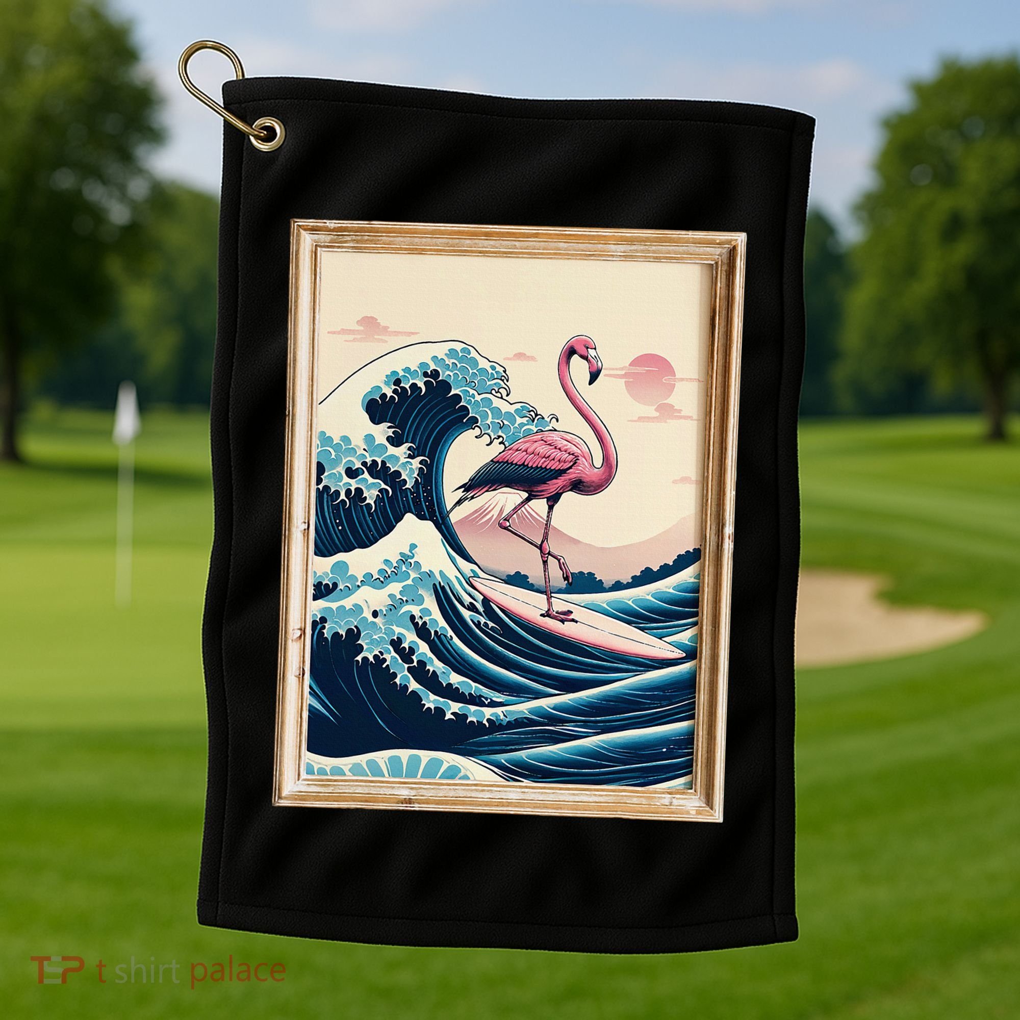 Pink Flamingo Surfer Tropical Great Big Wave Framed Golf Towel
