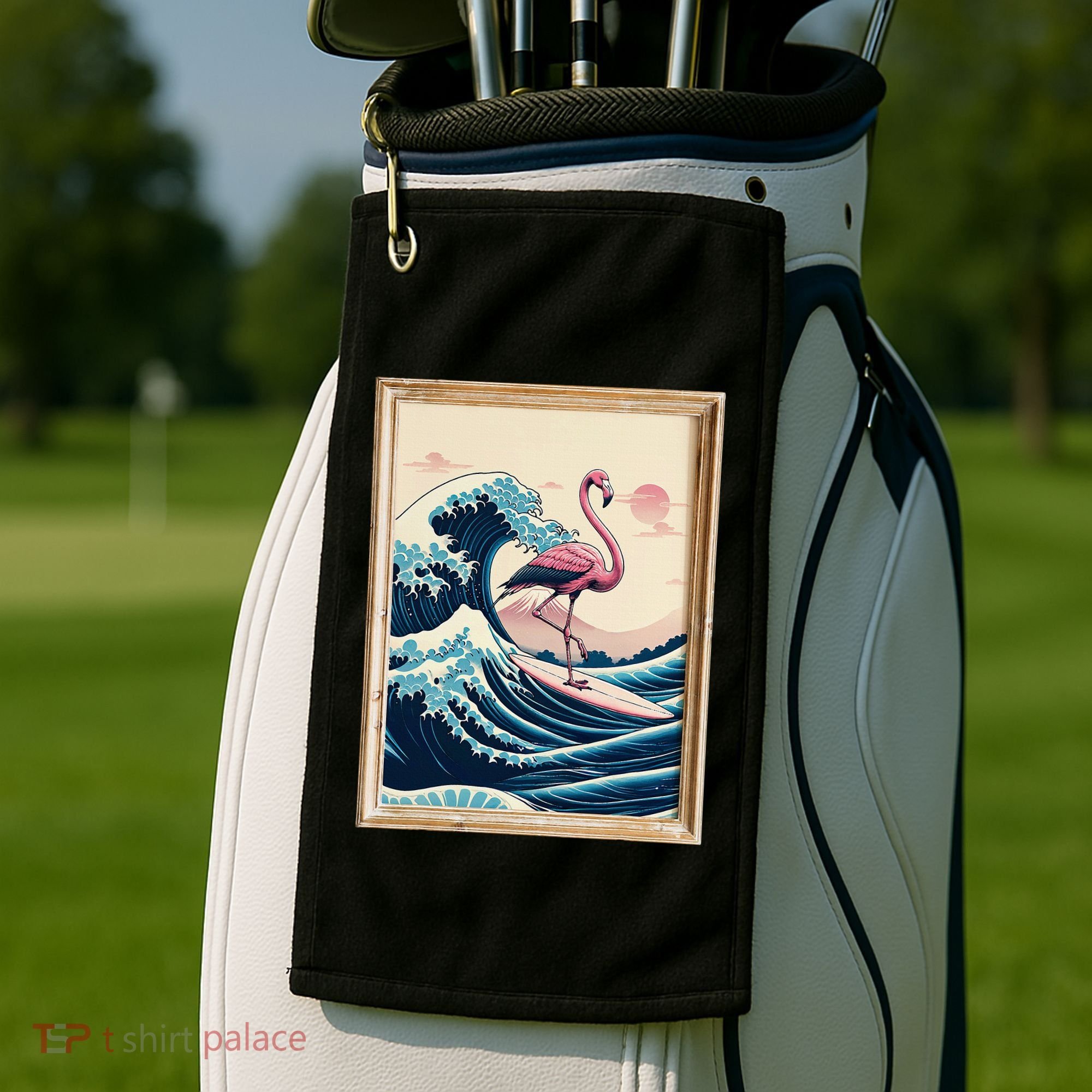 Pink Flamingo Surfer Tropical Great Big Wave Framed Golf Towel