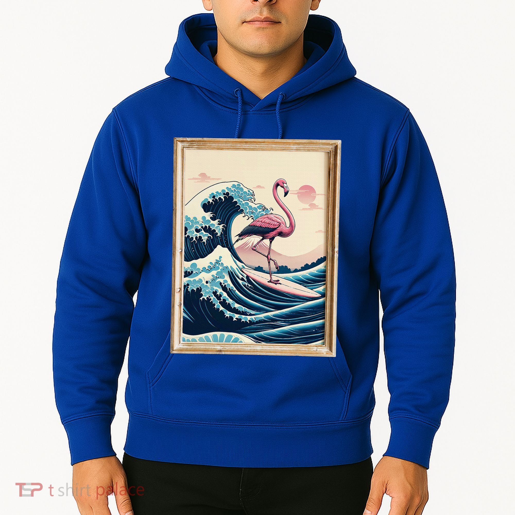 Pink Flamingo Surfer Tropical Great Big Wave Framed Hoodie