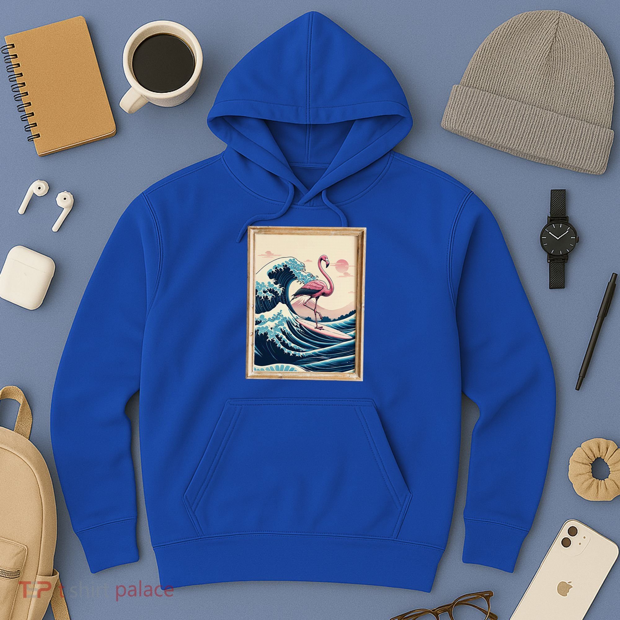 Pink Flamingo Surfer Tropical Great Big Wave Framed Hoodie