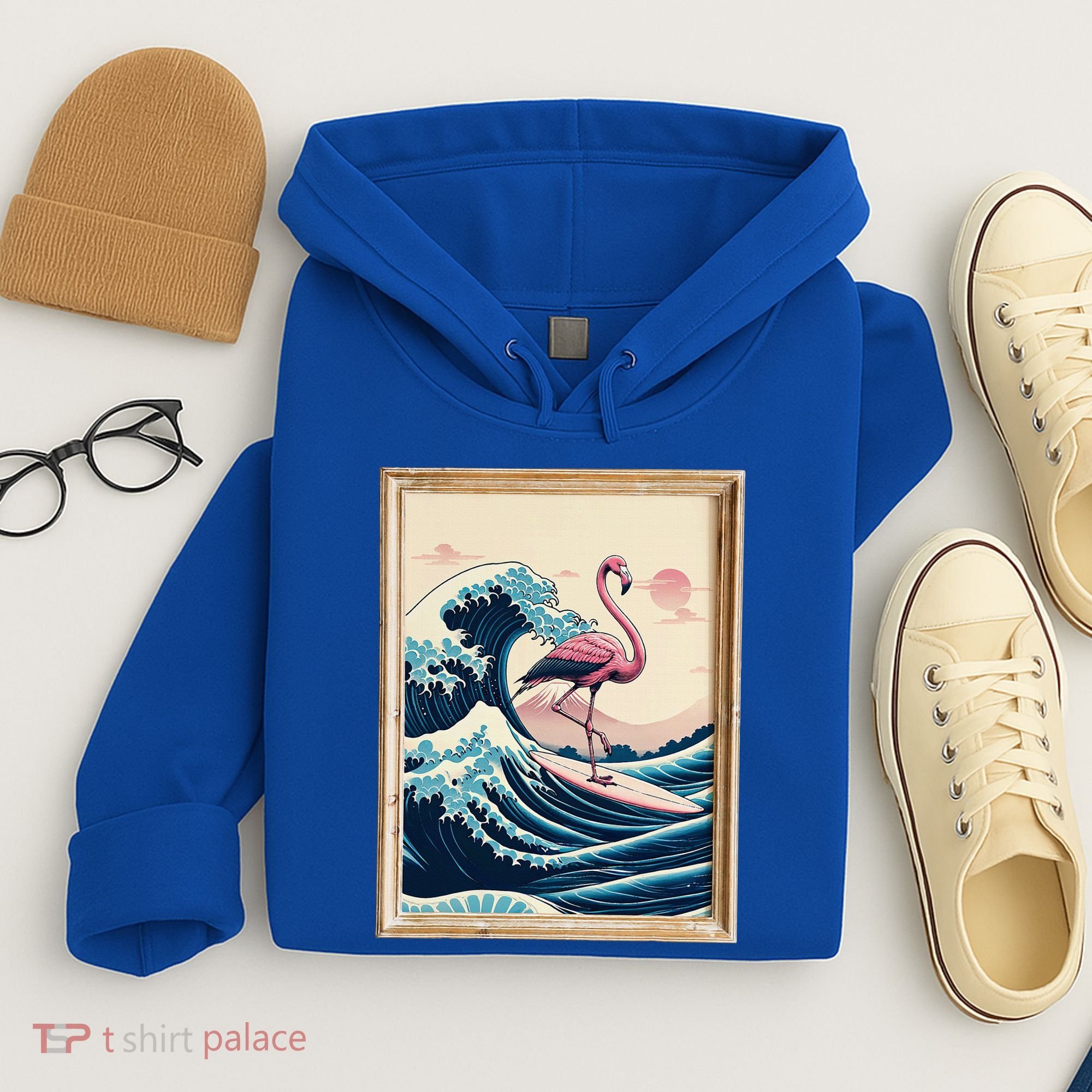 Pink Flamingo Surfer Tropical Great Big Wave Framed Hoodie