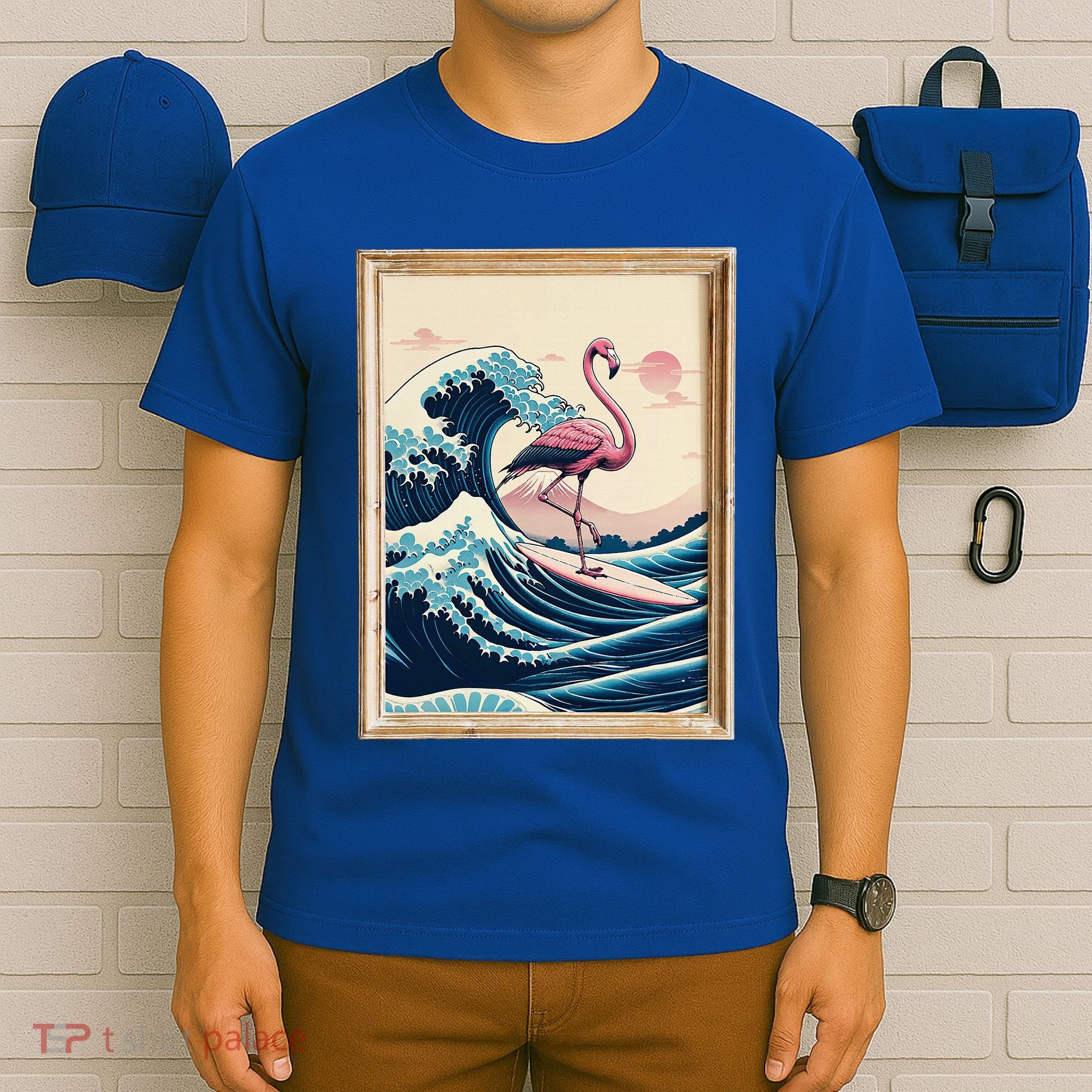 Pink Flamingo Surfer Tropical Great Big Wave Framed T-Shirt