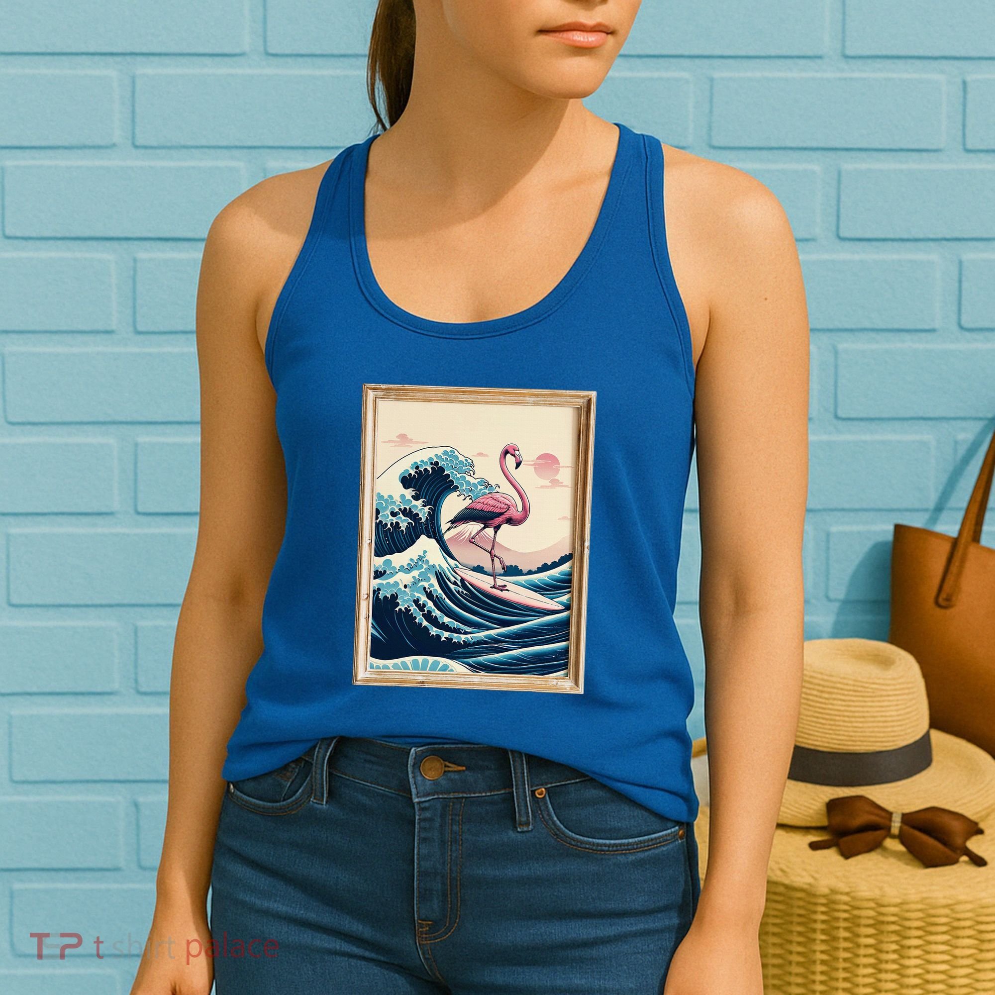 Pink Flamingo Surfer Tropical Great Big Wave Framed Women's Tank Top