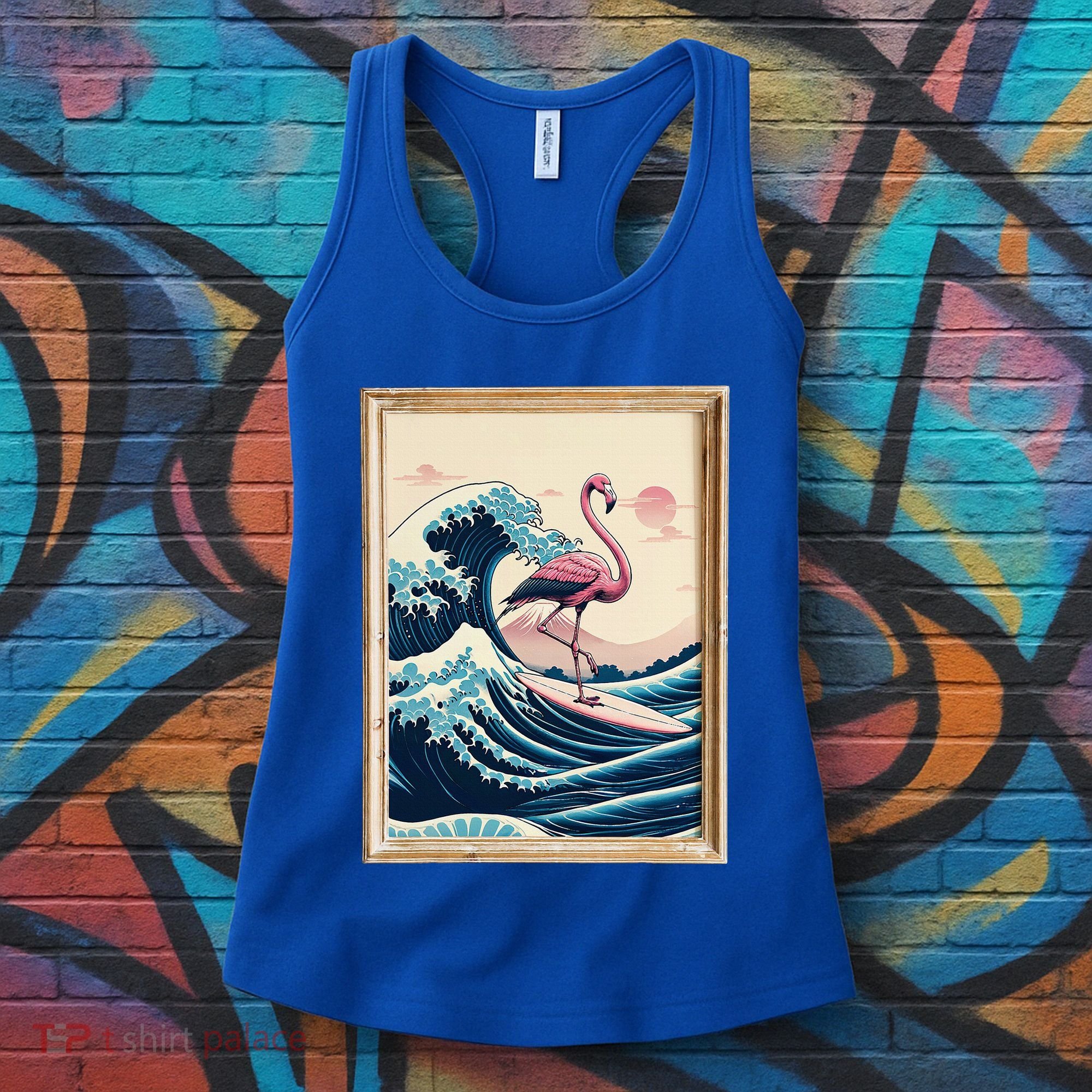Pink Flamingo Surfer Tropical Great Big Wave Framed Women's Tank Top