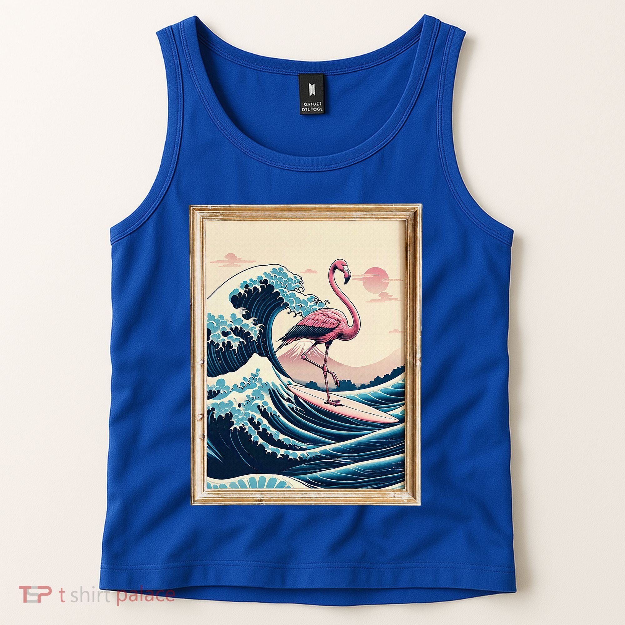 Pink Flamingo Surfer Tropical Great Big Wave Framed Tank Top
