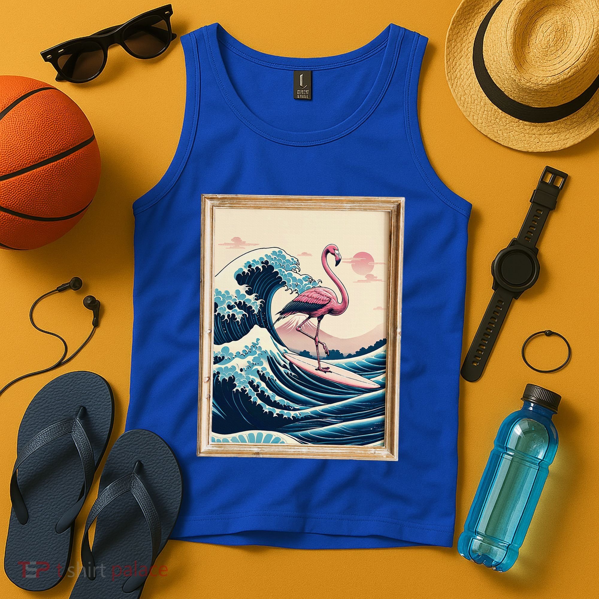 Pink Flamingo Surfer Tropical Great Big Wave Framed Tank Top