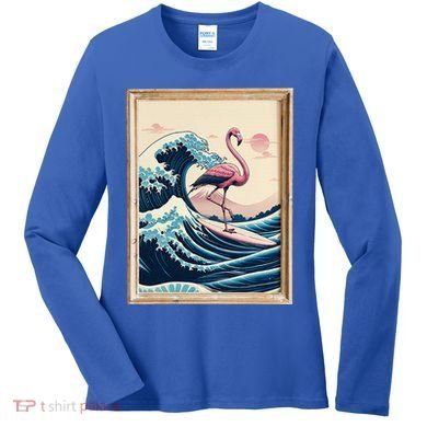 Pink Flamingo Surfer Tropical Great Big Wave Framed Women's Long Sleeve Shirt