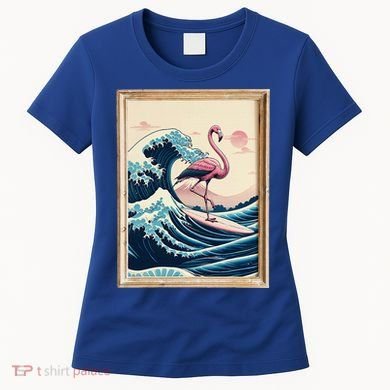 Pink Flamingo Surfer Tropical Great Big Wave Framed Women's T-Shirt