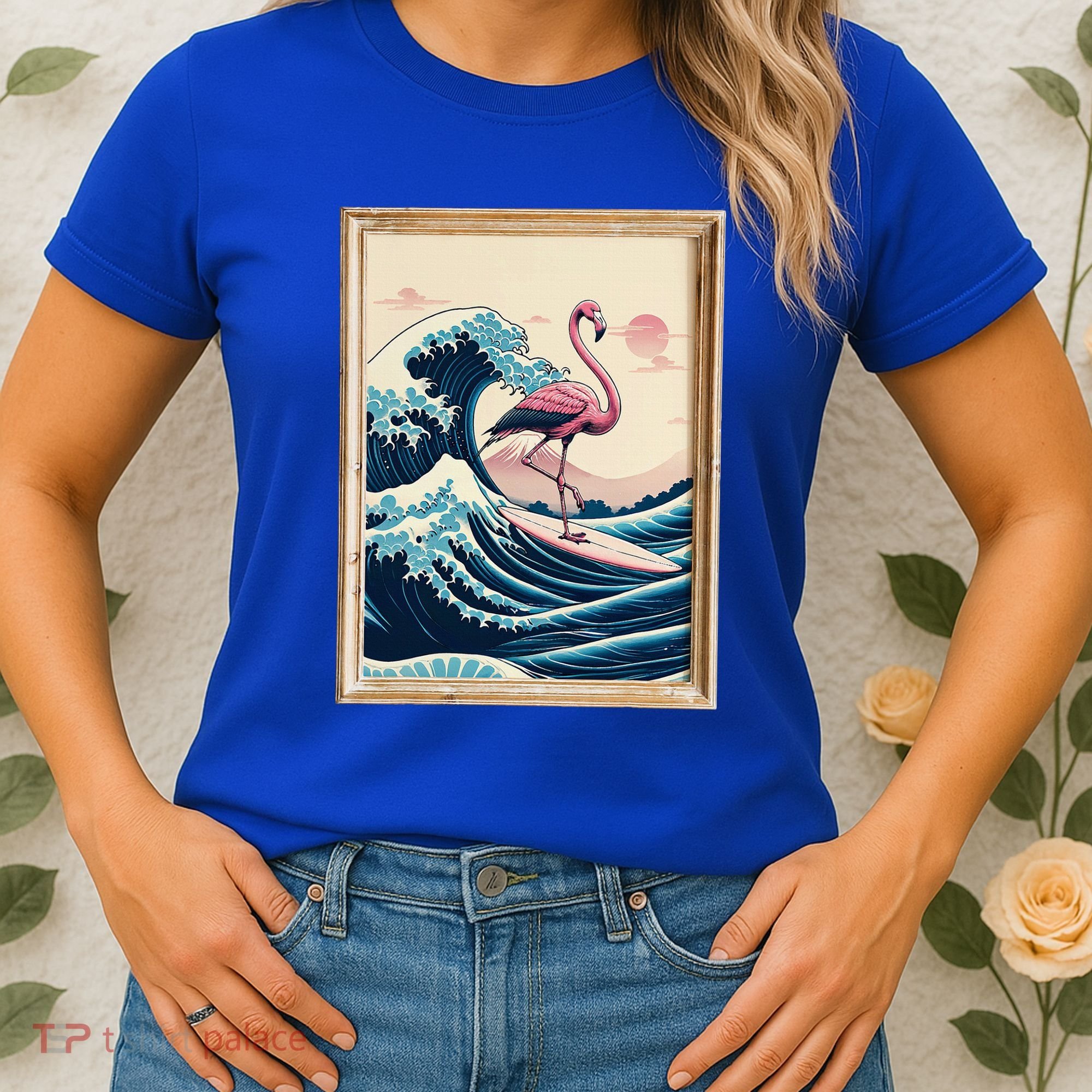Pink Flamingo Surfer Tropical Great Big Wave Framed Women's T-Shirt