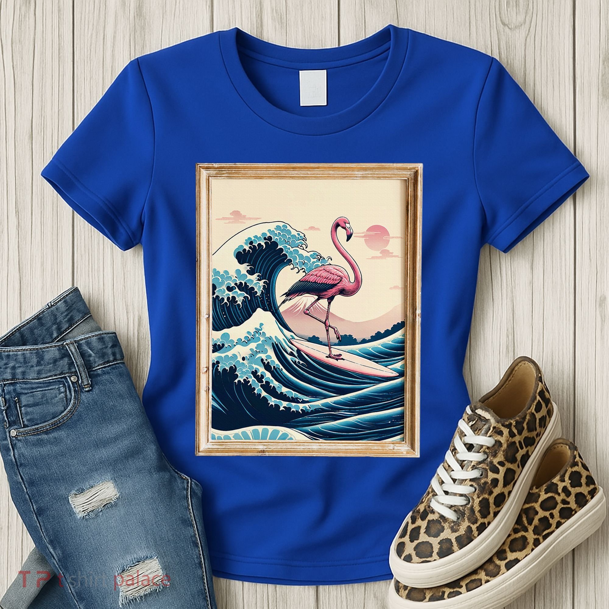 Pink Flamingo Surfer Tropical Great Big Wave Framed Women's T-Shirt
