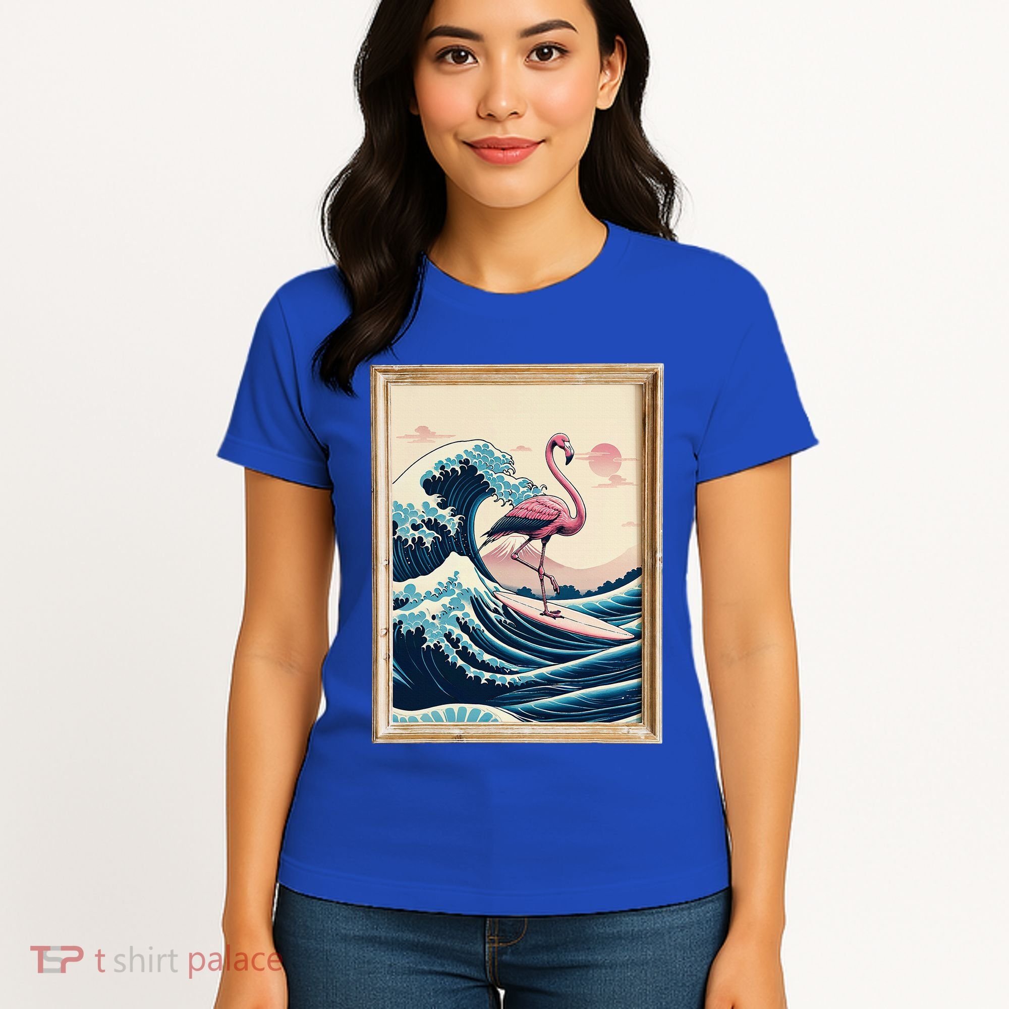 Pink Flamingo Surfer Tropical Great Big Wave Framed Women's T-Shirt