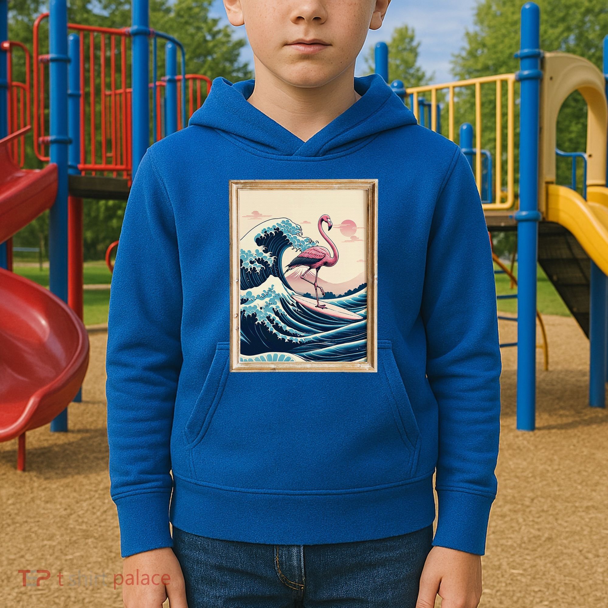 Pink Flamingo Surfer Tropical Great Big Wave Framed Kids Hoodie