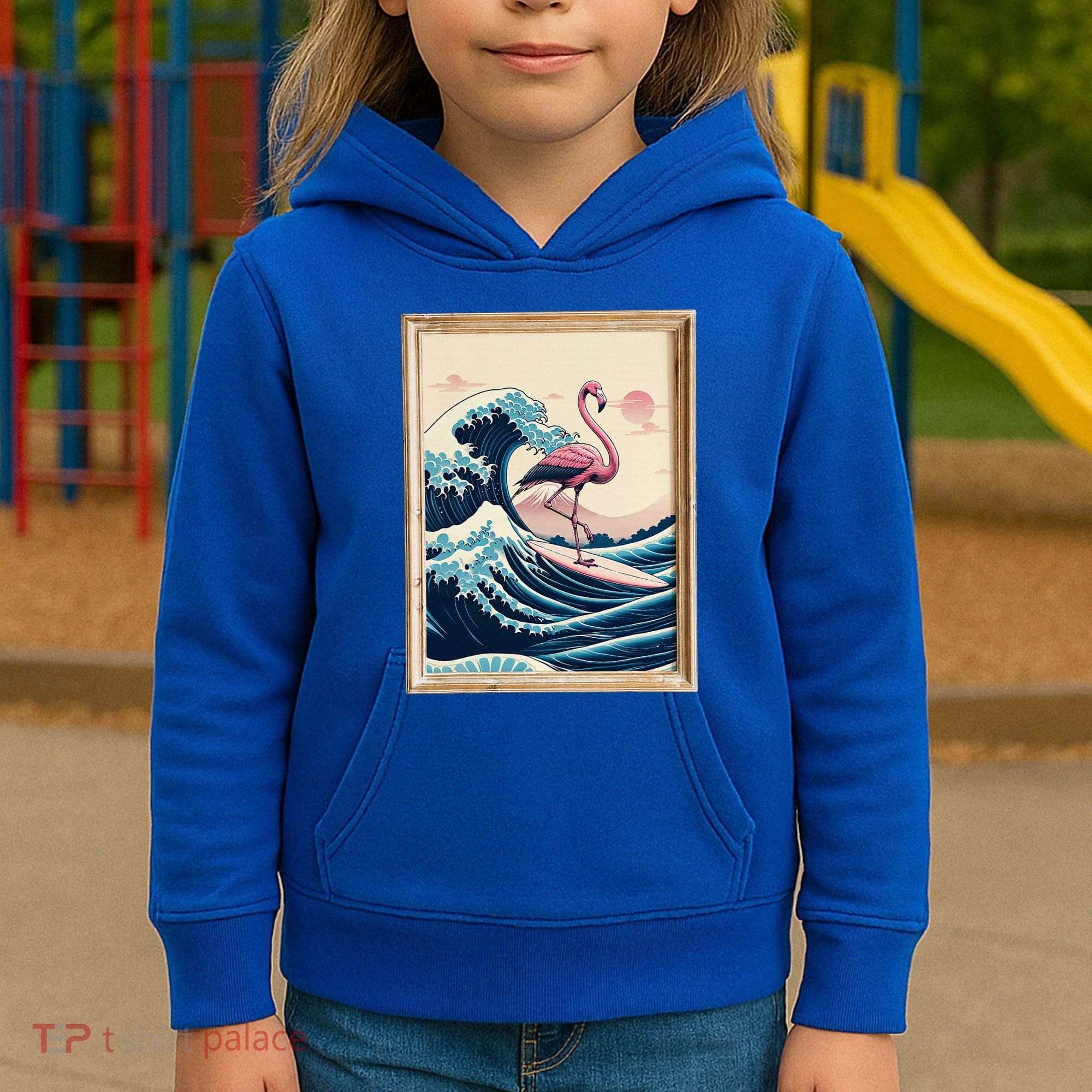Pink Flamingo Surfer Tropical Great Big Wave Framed Kids Hoodie