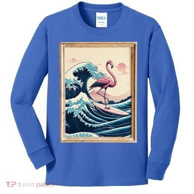 Pink Flamingo Surfer Tropical Great Big Wave Framed Kids Long Sleeve Shirt