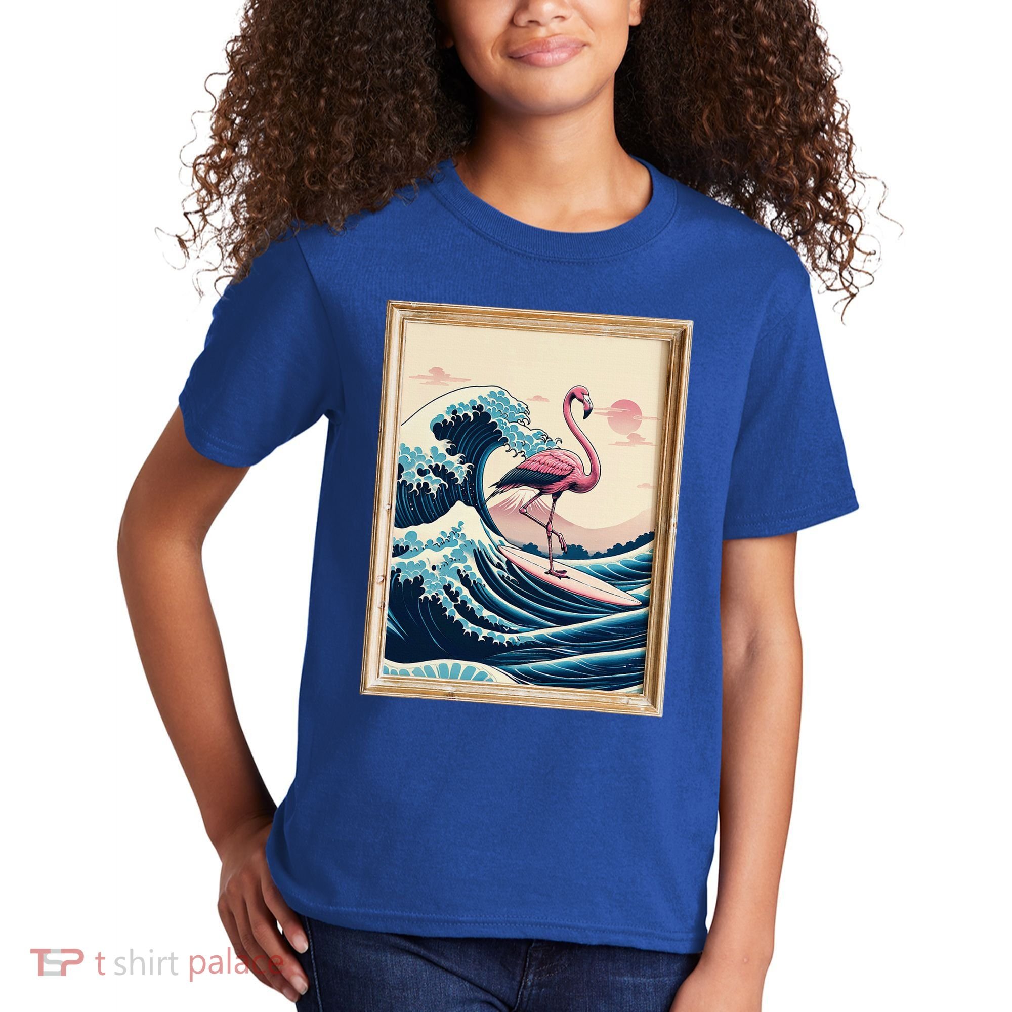 Pink Flamingo Surfer Tropical Great Big Wave Framed Kids T-Shirt
