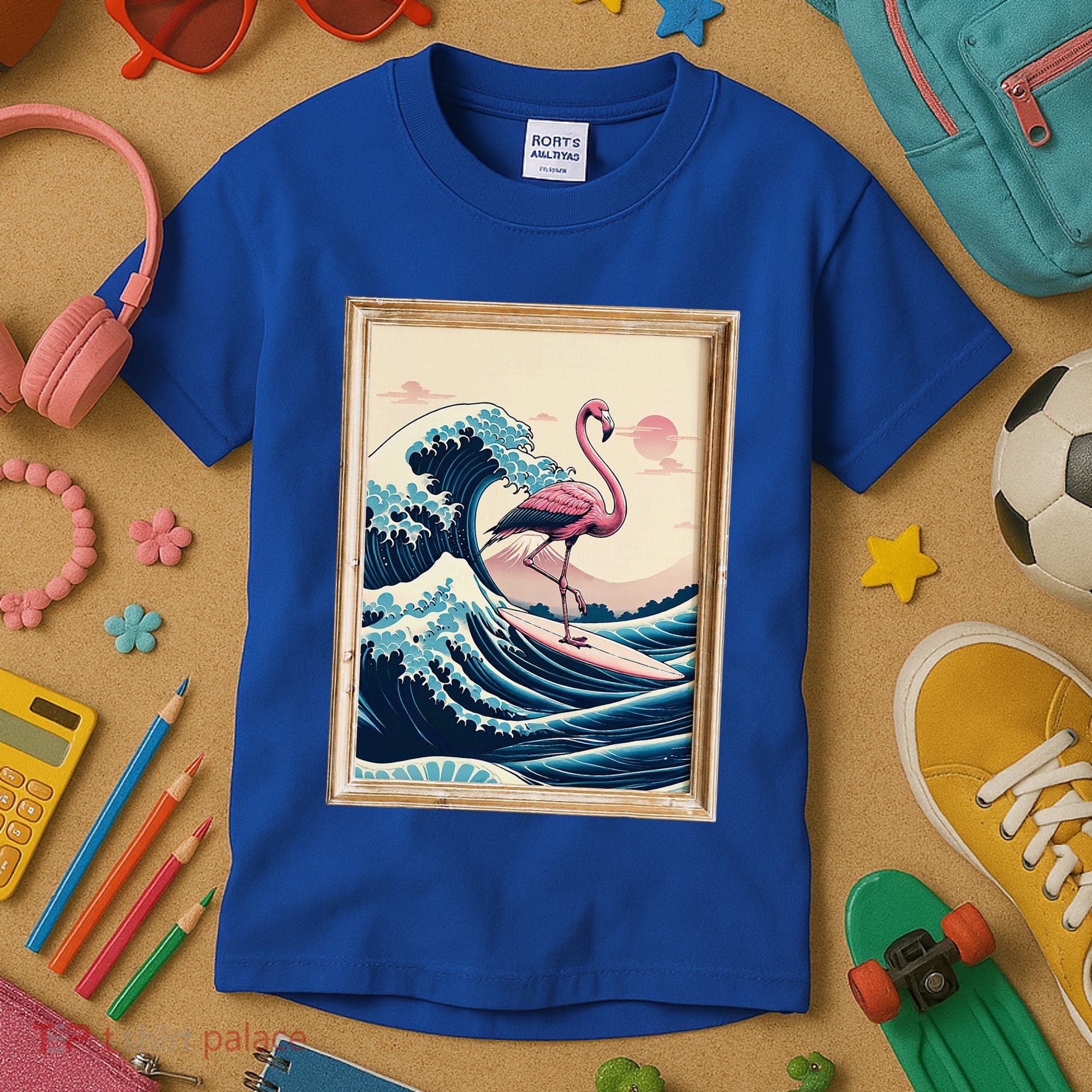 Pink Flamingo Surfer Tropical Great Big Wave Framed Kids T-Shirt