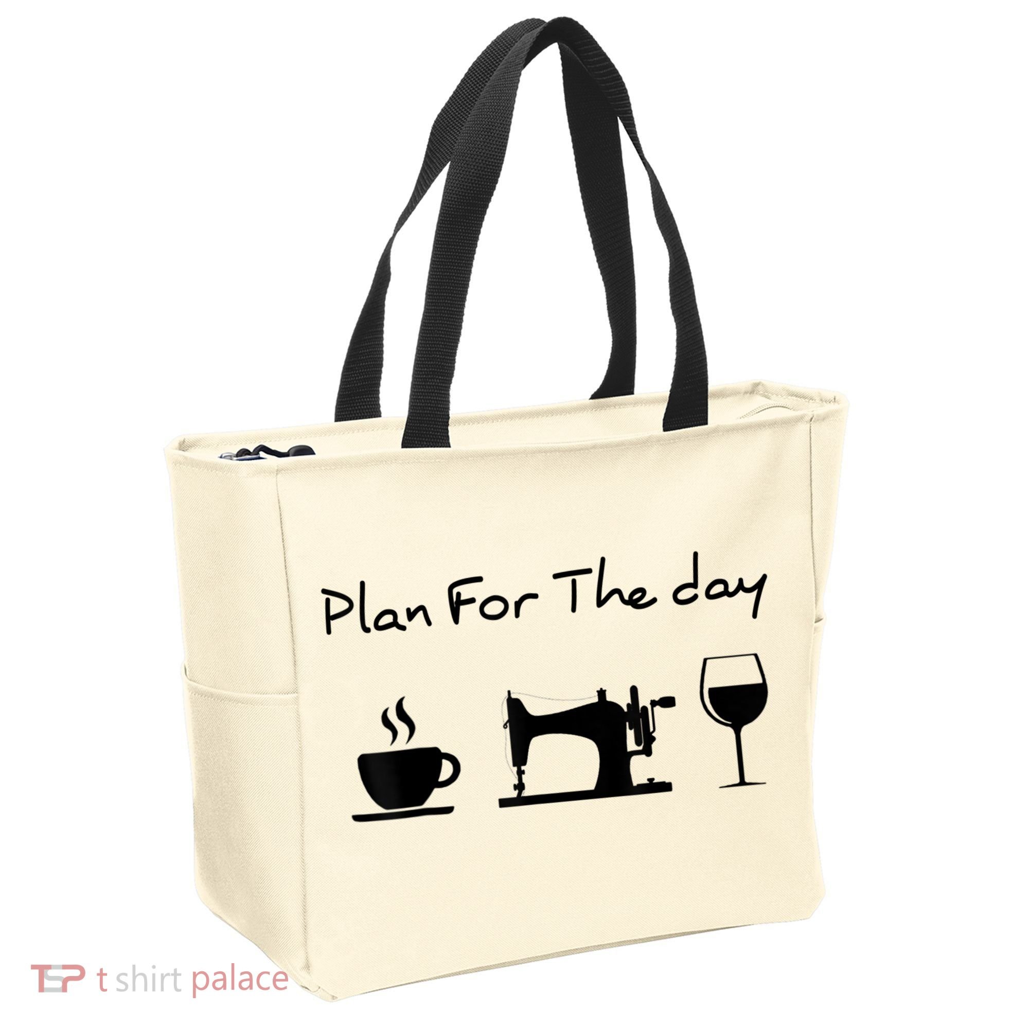Plan For The Day Coffee Sewing Machine Wine Funny Lover Tote Bag