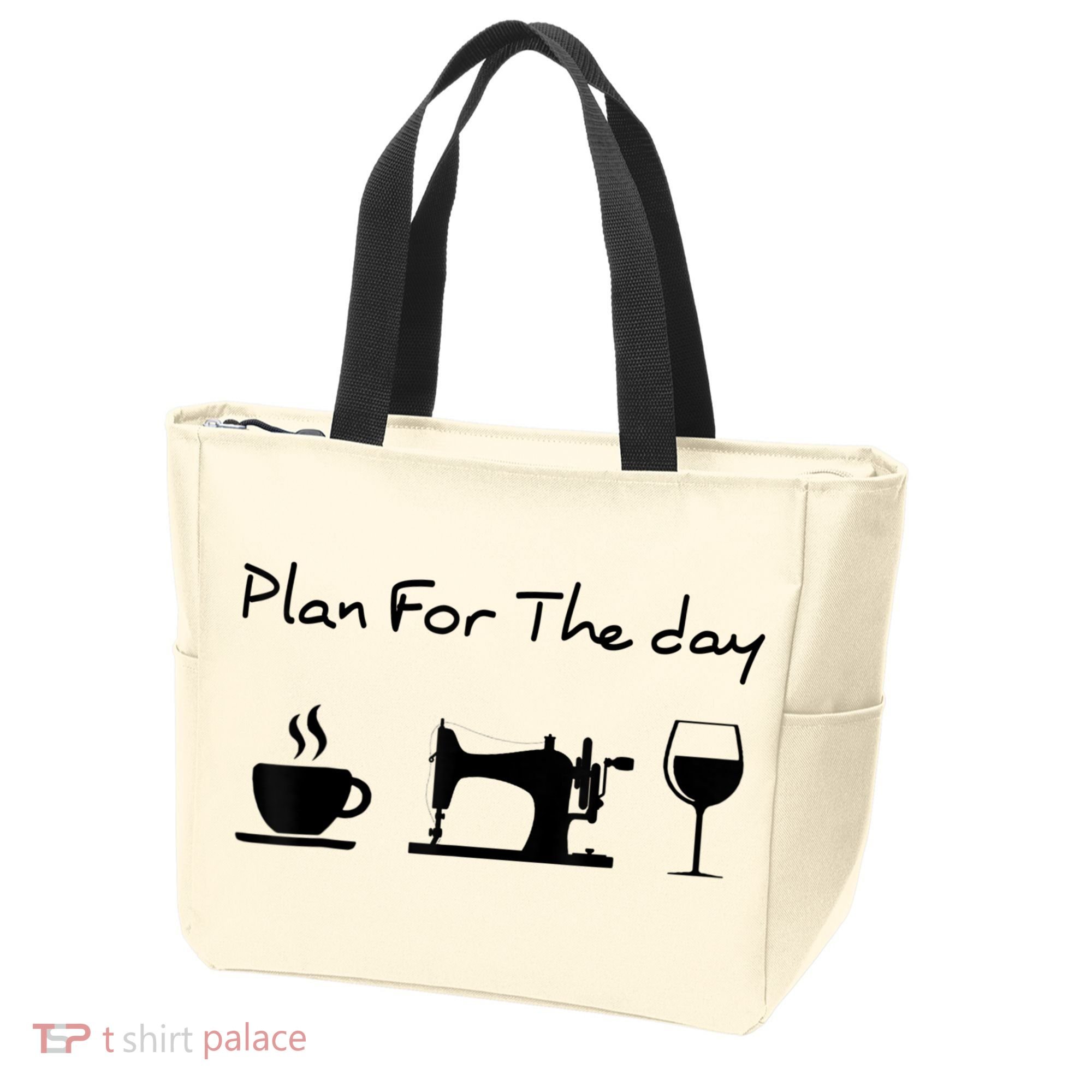 Plan For The Day Coffee Sewing Machine Wine Funny Lover Tote Bag