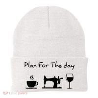 Plan For The Day Coffee Sewing Machine Wine Funny Lover Beanie thumb 0