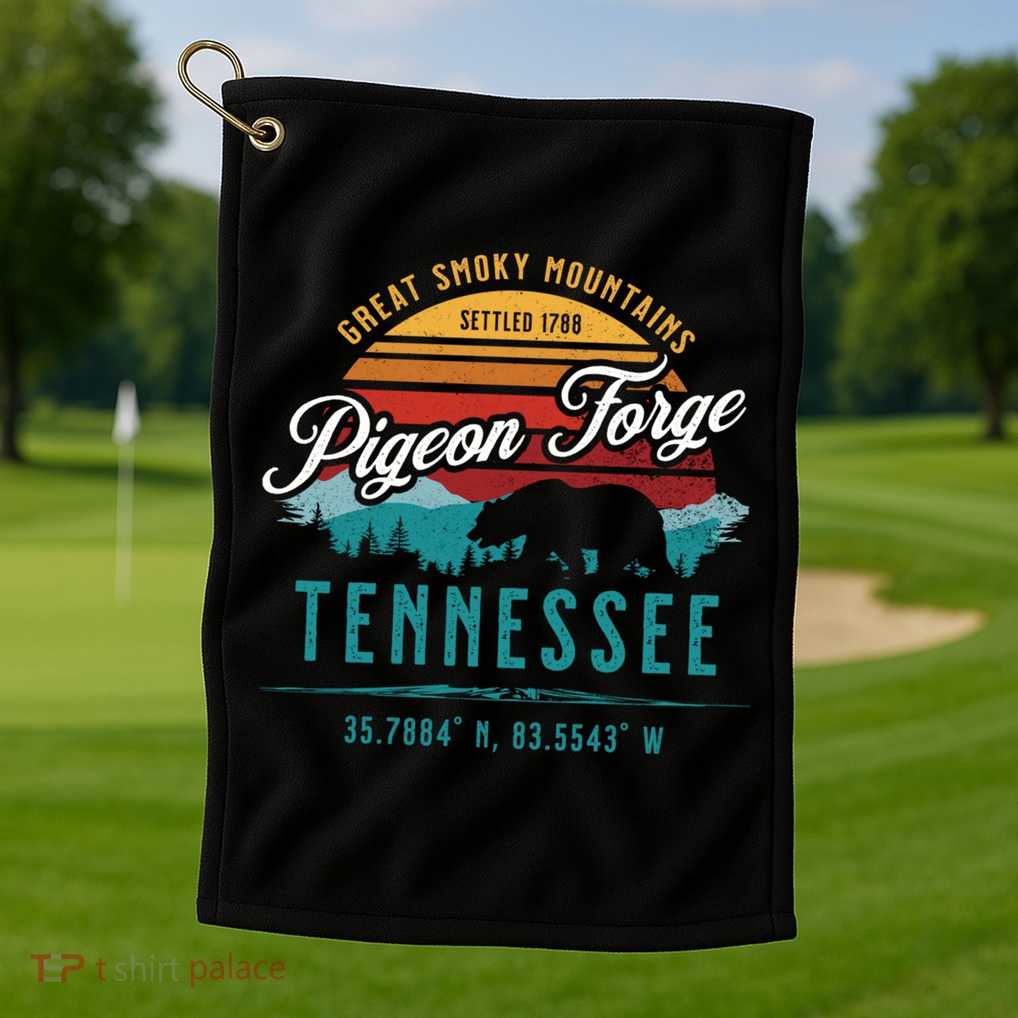Pigeon Forge Tennessee Great Smoky Mountains Bear Retro Sun Meaningful Gift Golf Towel
