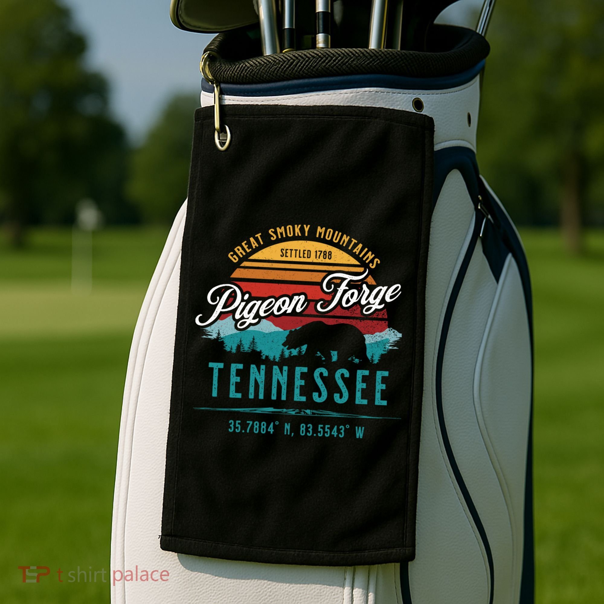 Pigeon Forge Tennessee Great Smoky Mountains Bear Retro Sun Meaningful Gift Golf Towel