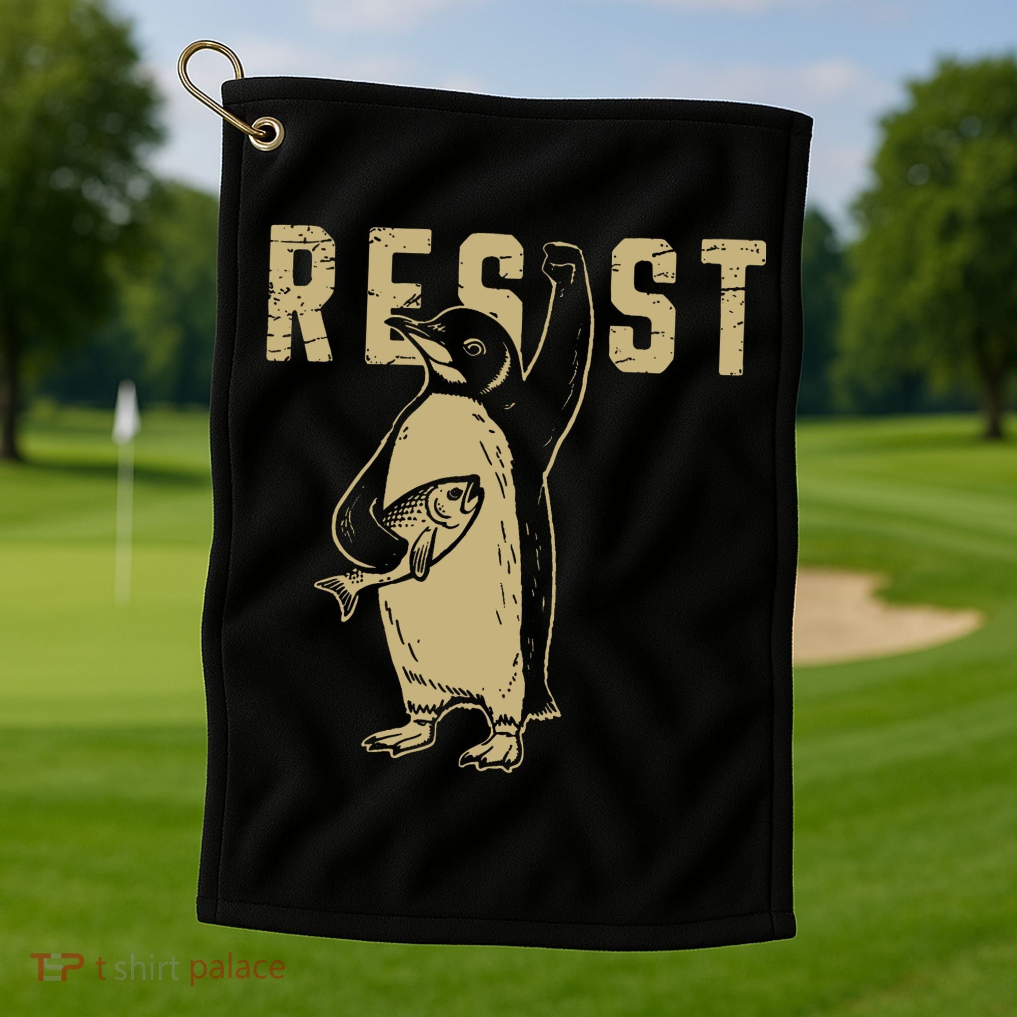 Penguin Flippers Up Resist Funny Penguins Against Trump Golf Towel