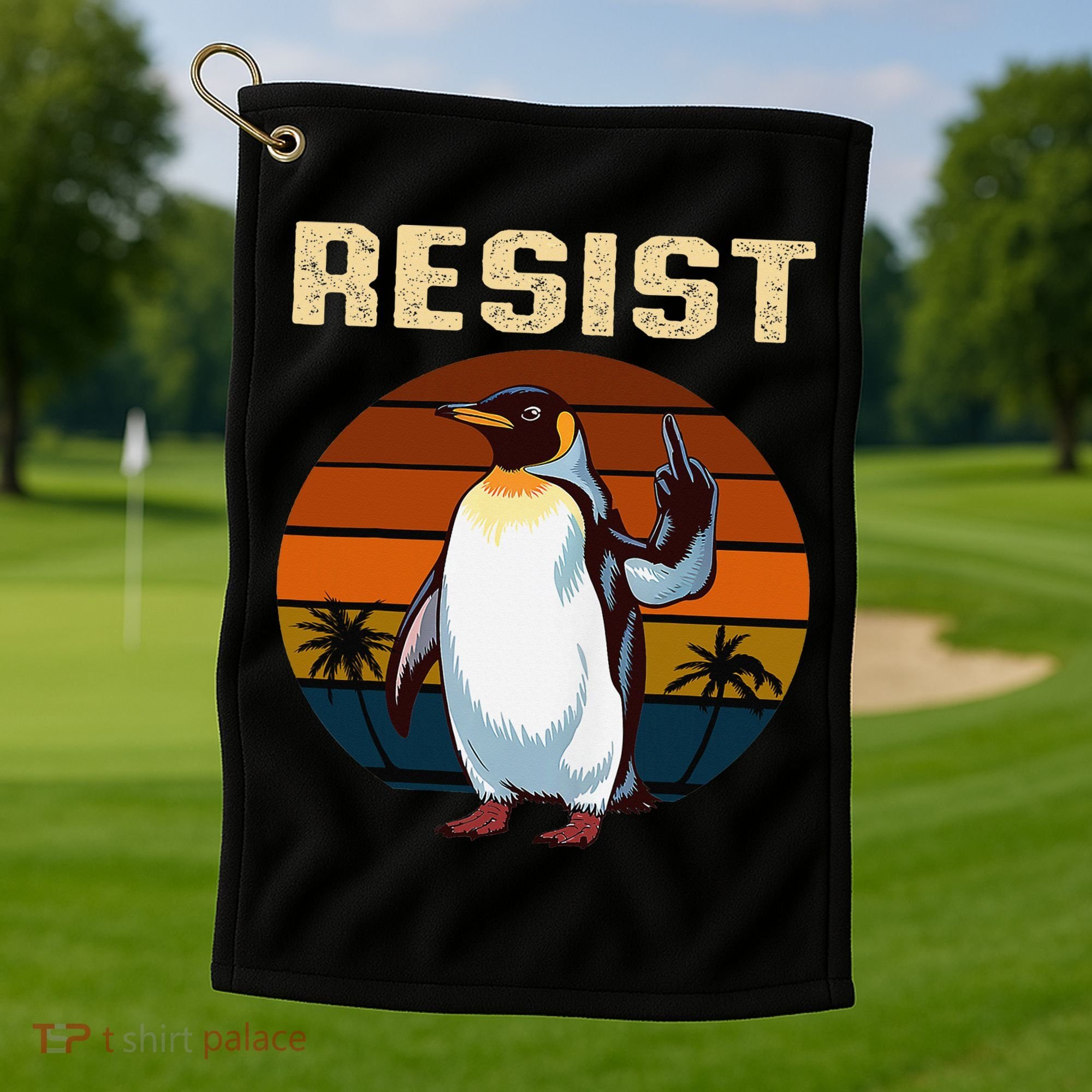 Penguin Flippers Up Resist Funny Penguins Against Trump Golf Towel