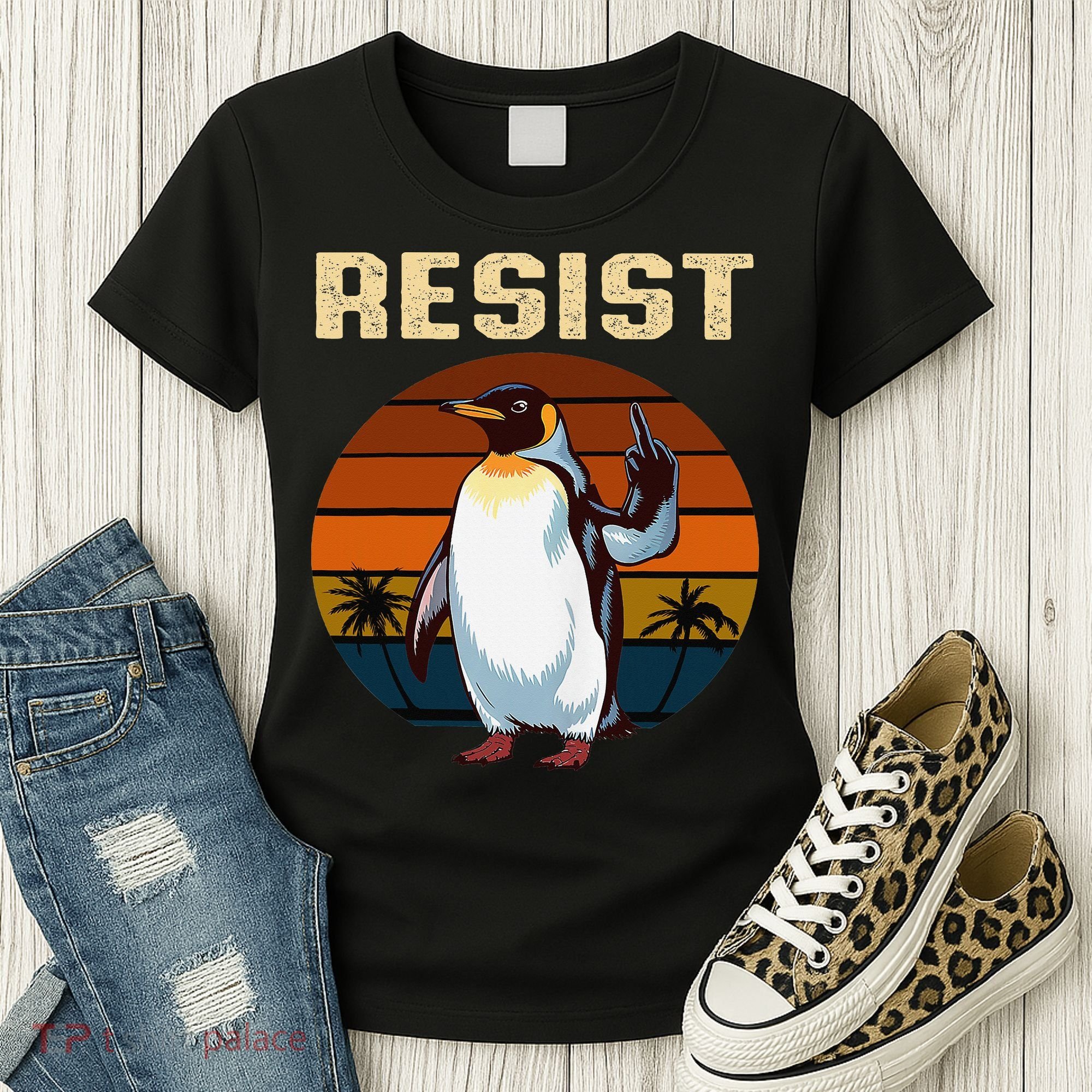 Penguin Flippers Up Resist Funny Penguins Against Trump Women's T-Shirt