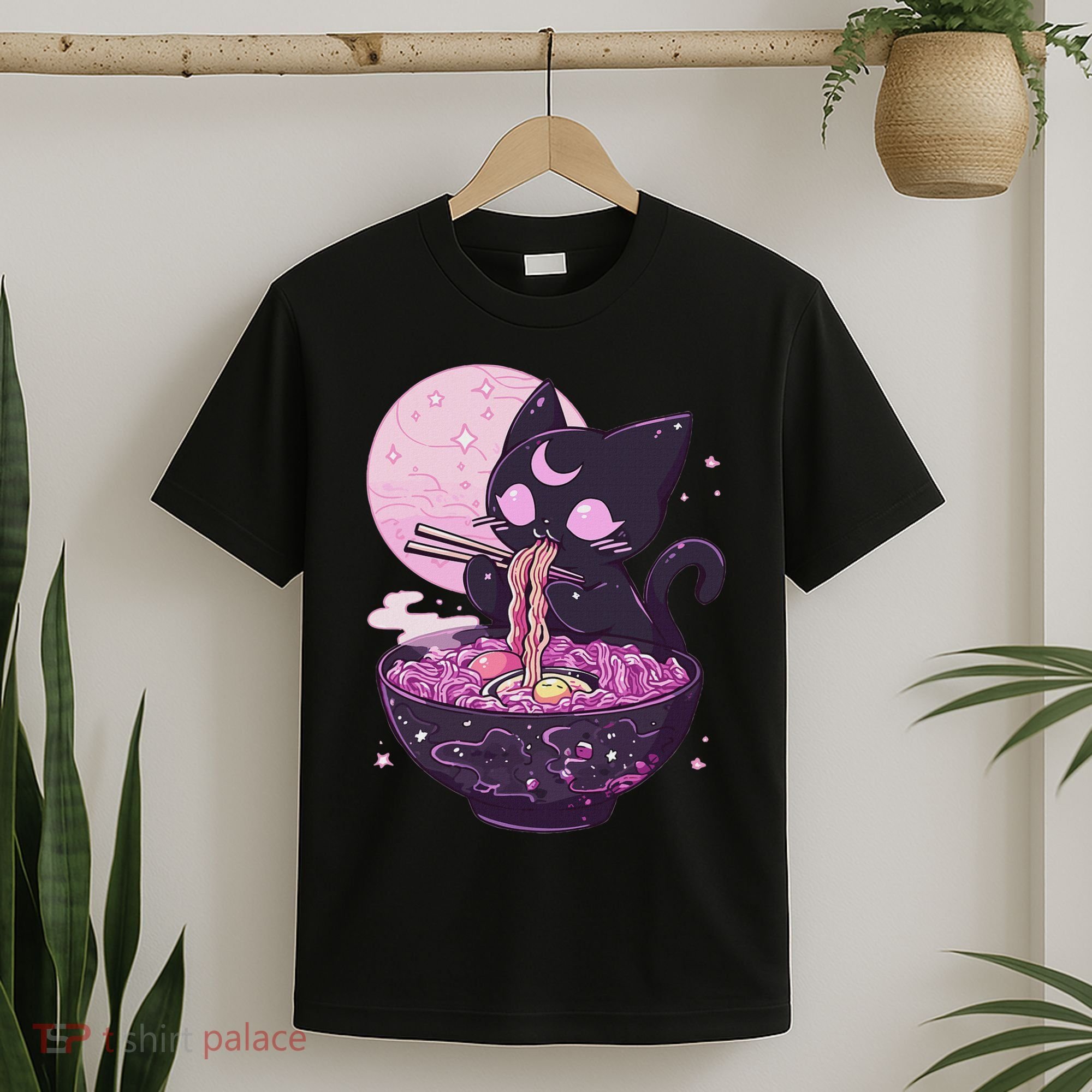 Pastel Goth Aesthetic Kawaii Creepy Cat Eating Ramen Noodles T-Shirt