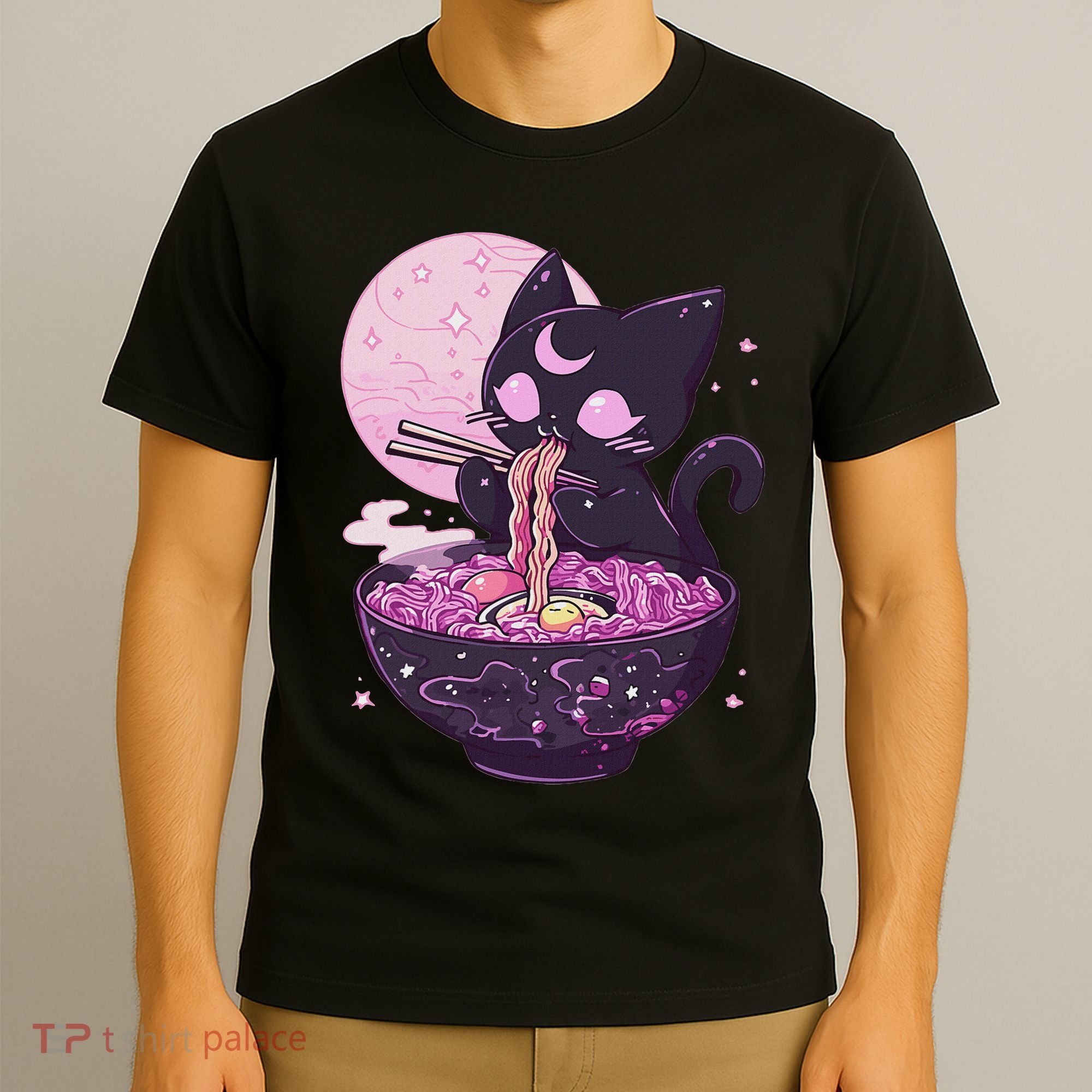 Pastel Goth Aesthetic Kawaii Creepy Cat Eating Ramen Noodles T-Shirt
