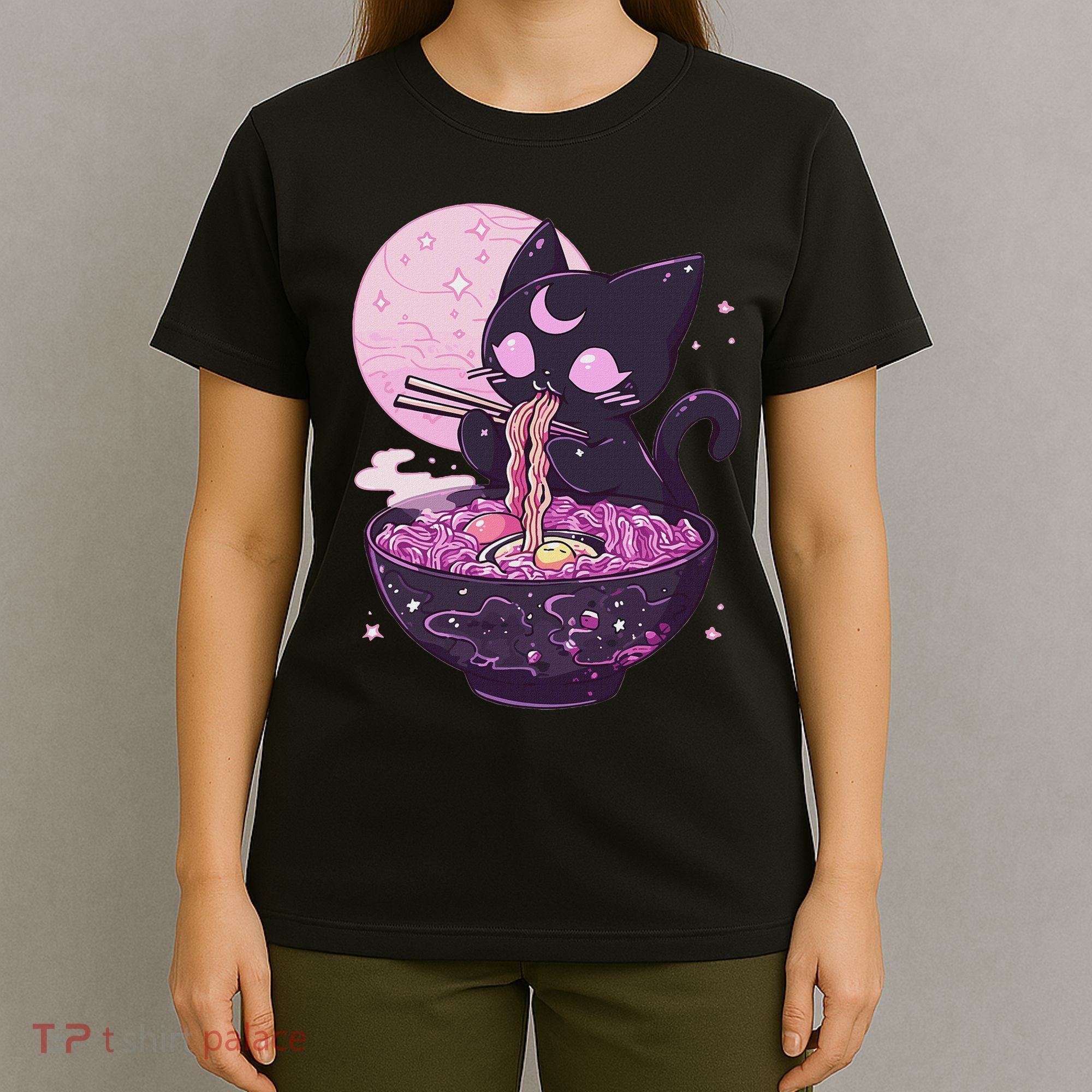 Pastel Goth Aesthetic Kawaii Creepy Cat Eating Ramen Noodles T-Shirt