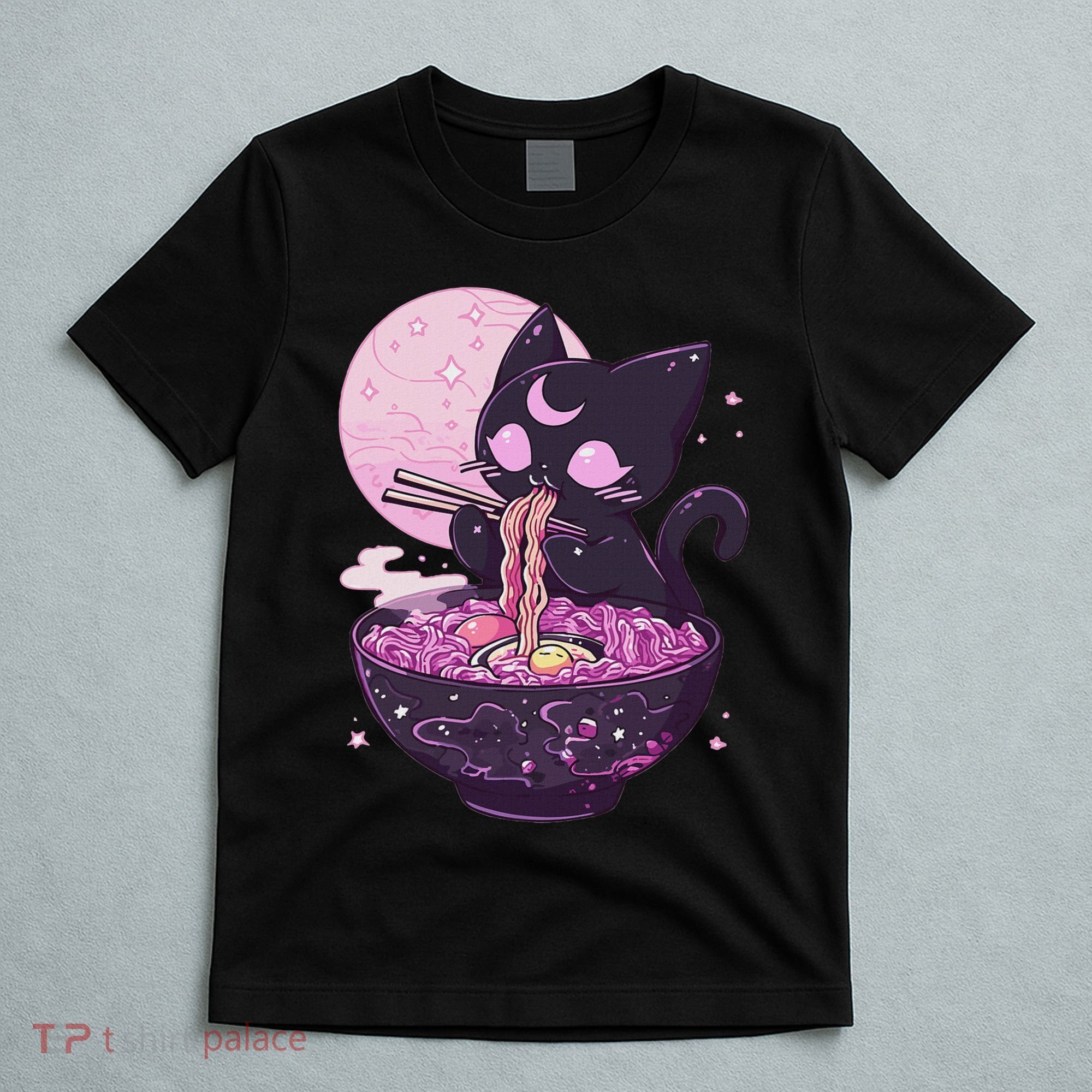 Pastel Goth Aesthetic Kawaii Creepy Cat Eating Ramen Noodles T-Shirt