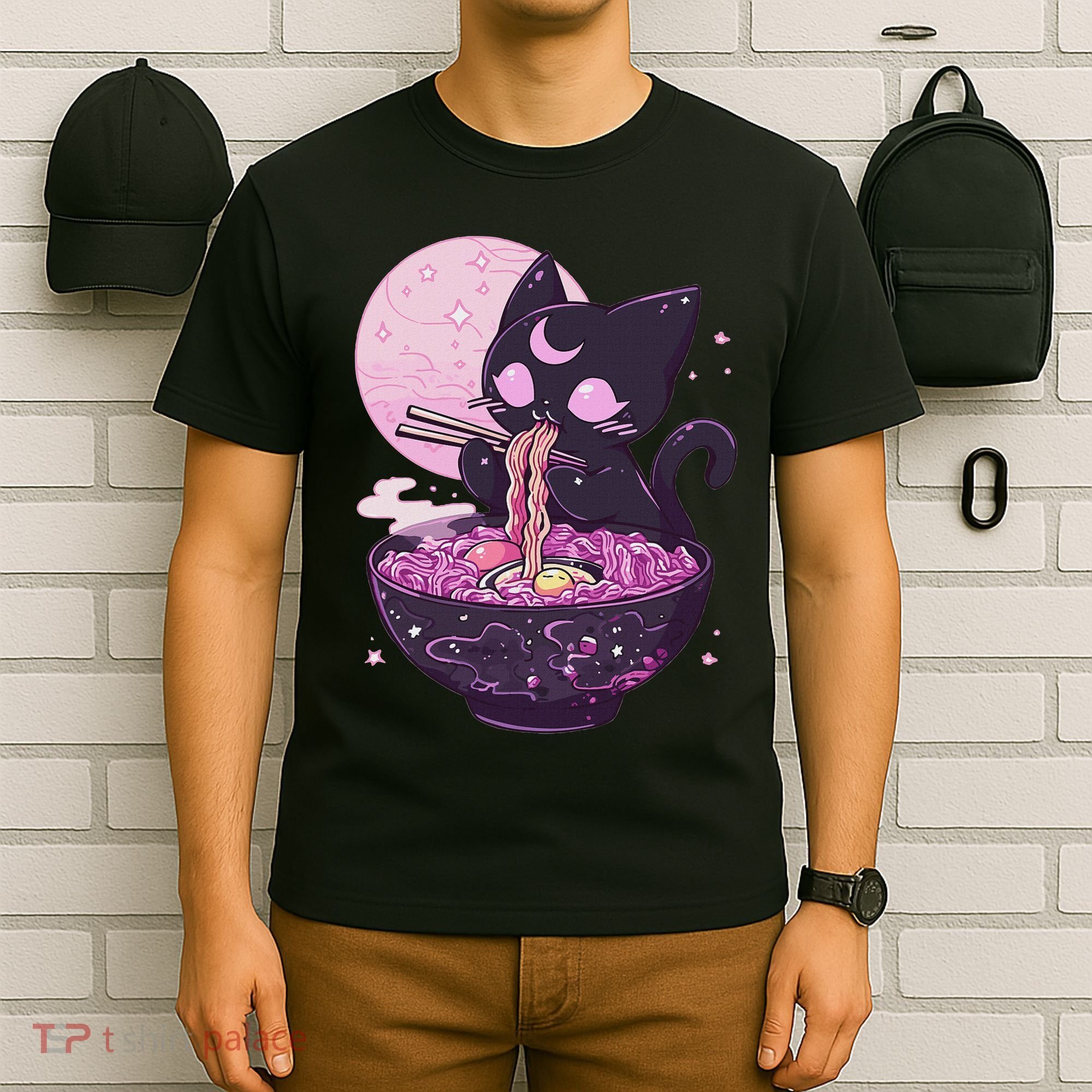 Pastel Goth Aesthetic Kawaii Creepy Cat Eating Ramen Noodles T-Shirt
