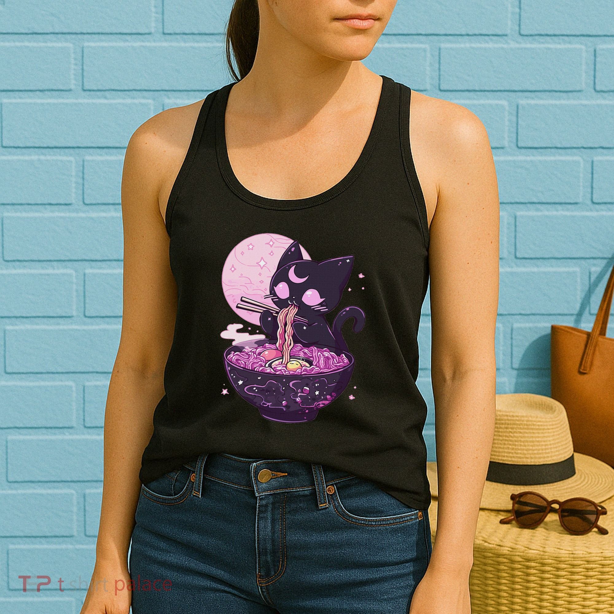 Pastel Goth Aesthetic Kawaii Creepy Cat Eating Ramen Noodles Women's Tank Top