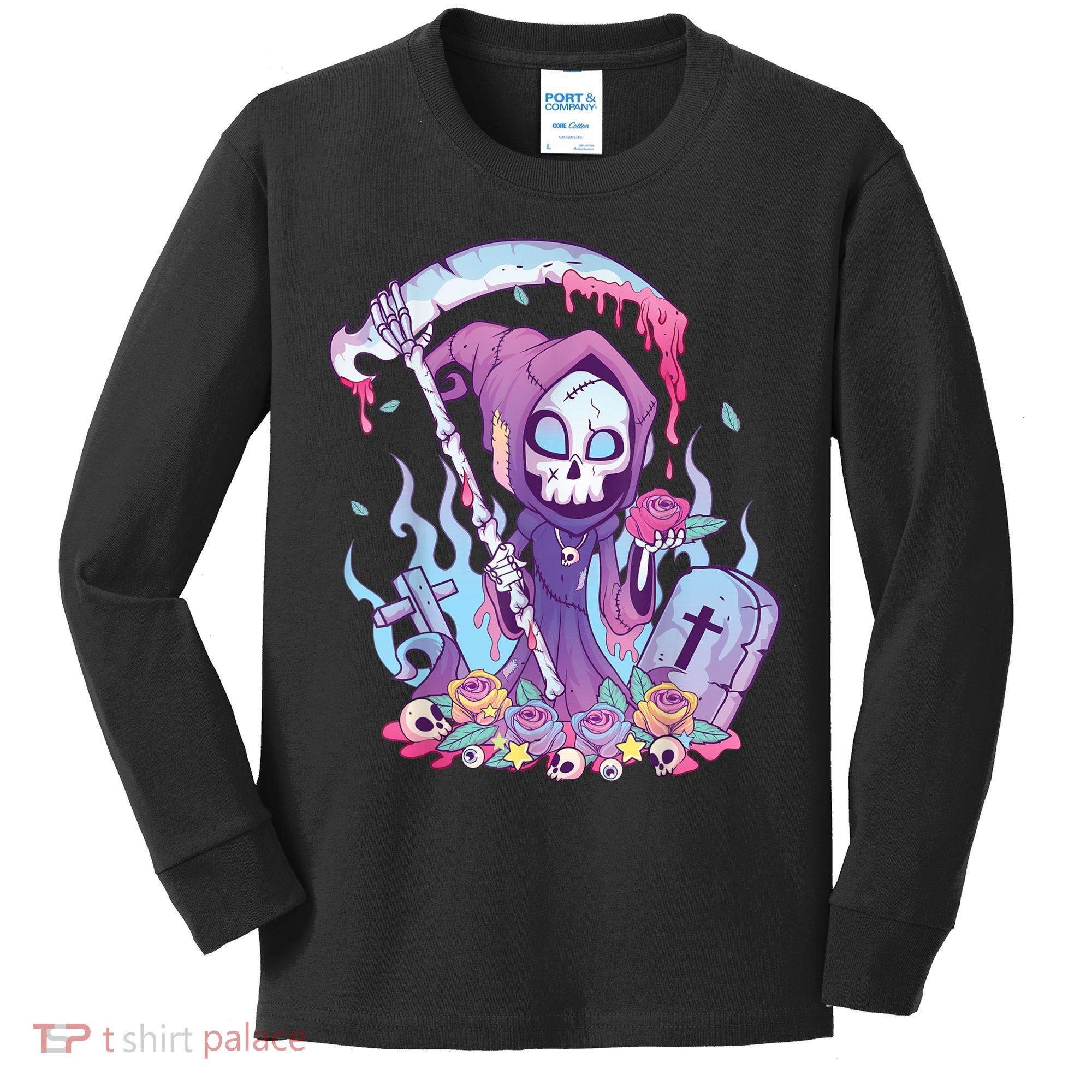 Pastel Goth Creepy Death Grim Reaper Kawaii Occult Menhera Kids Long Sleeve Shirt