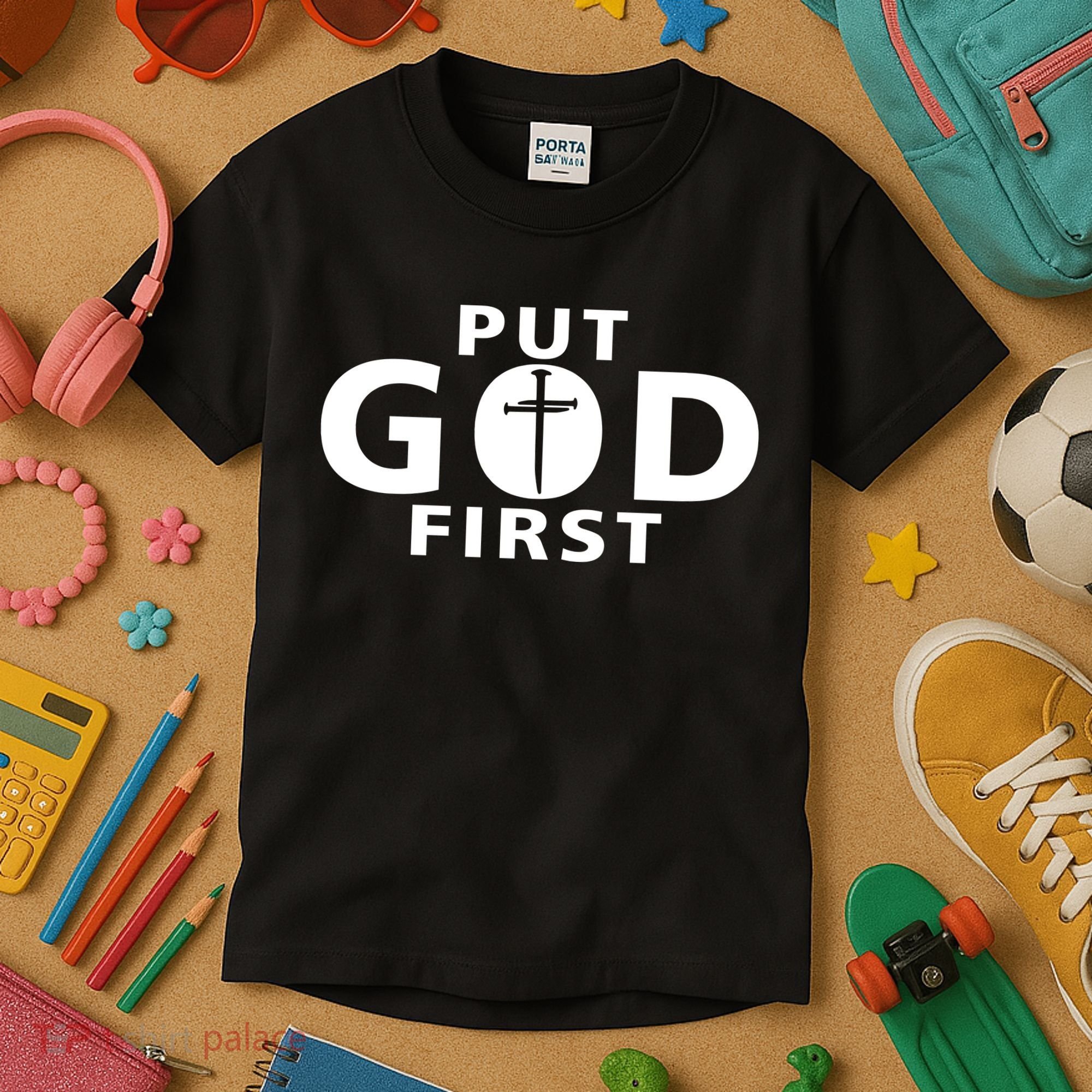 Put God First Christian 3 Nails Cross Catholic Jesus Christ Kids T-Shirt