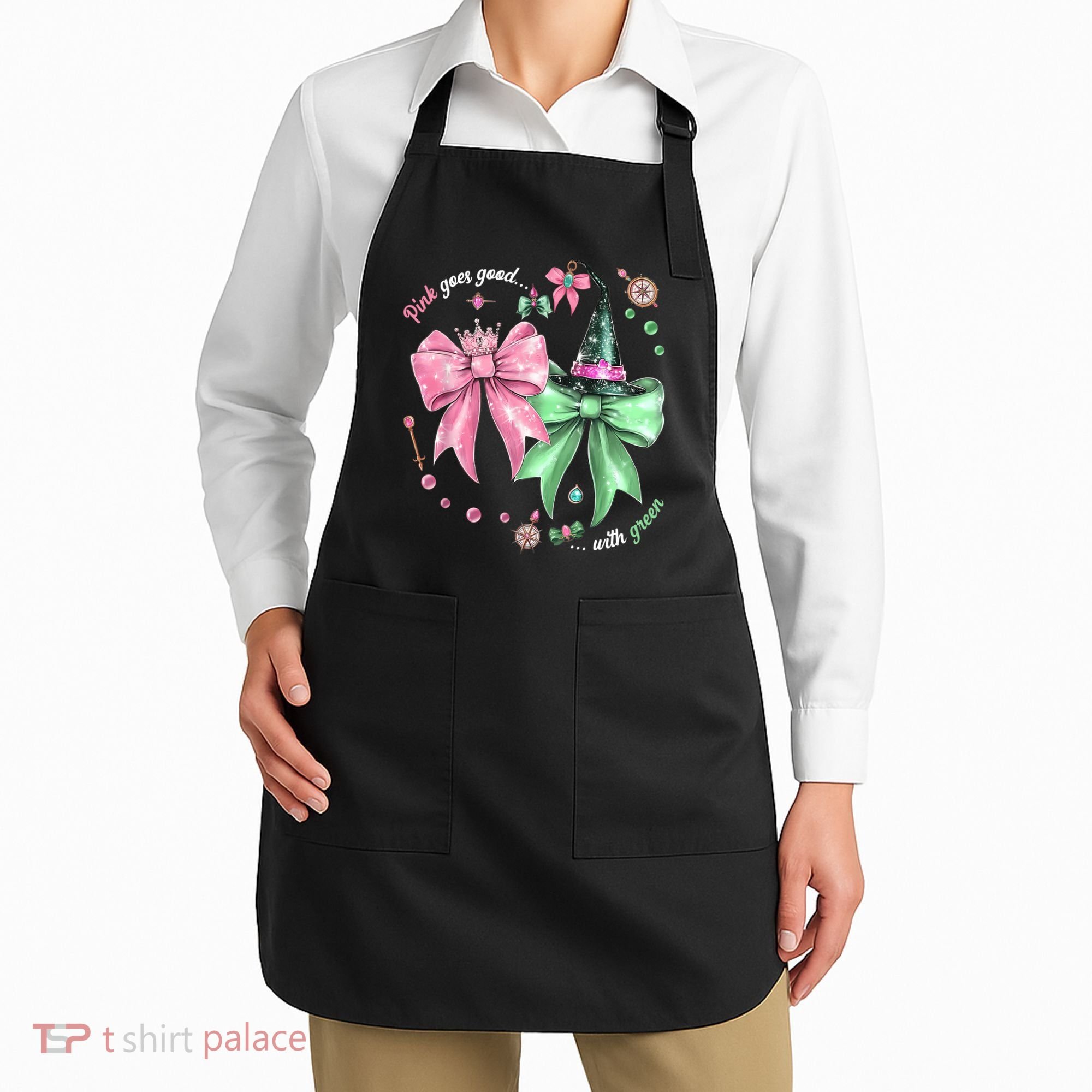 Pink Goes Good With Green Funny Halloween Witch Apron