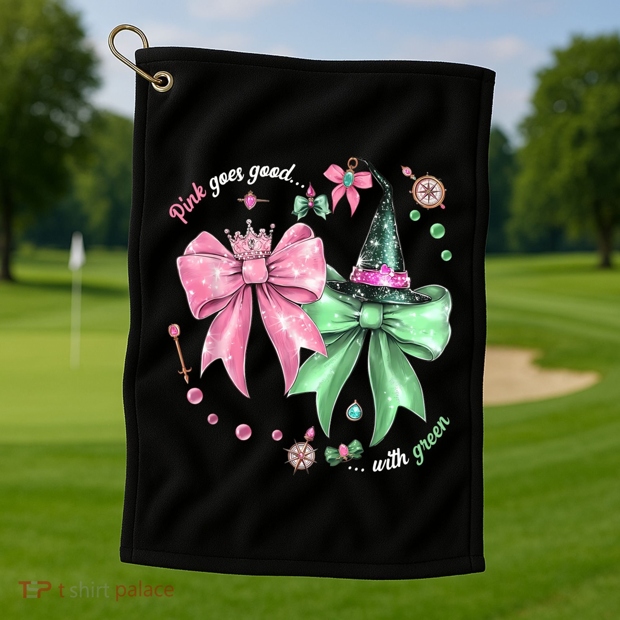 Pink Goes Good With Green Funny Halloween Witch Golf Towel
