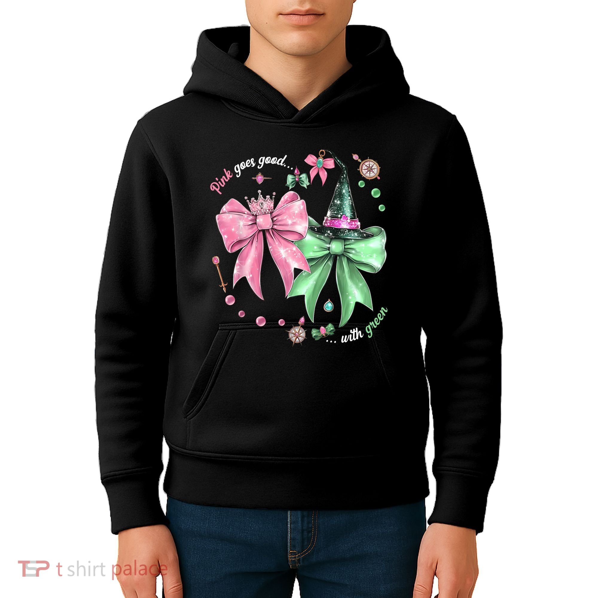 Pink Goes Good With Green Funny Halloween Witch Kids Hoodie