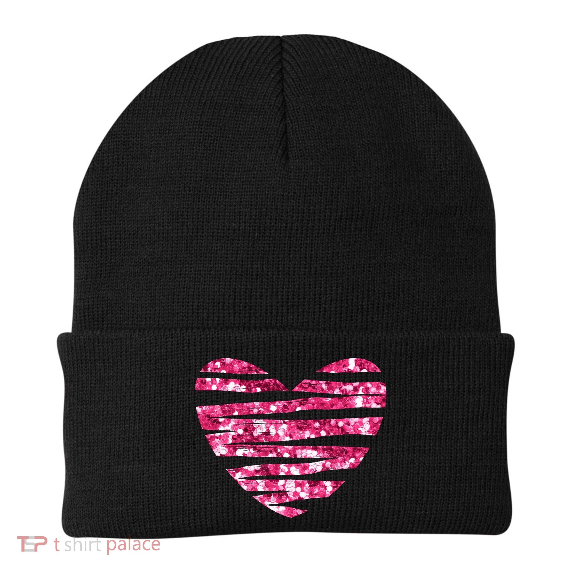 Pink Glitter Heart Cute Gift Beanie